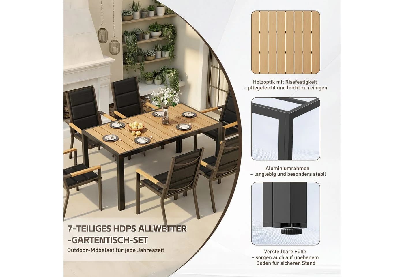 HOMALL Garten-Essgruppe 7-tlg. Aluminium Holzoptik Grau Beige - Bild 4