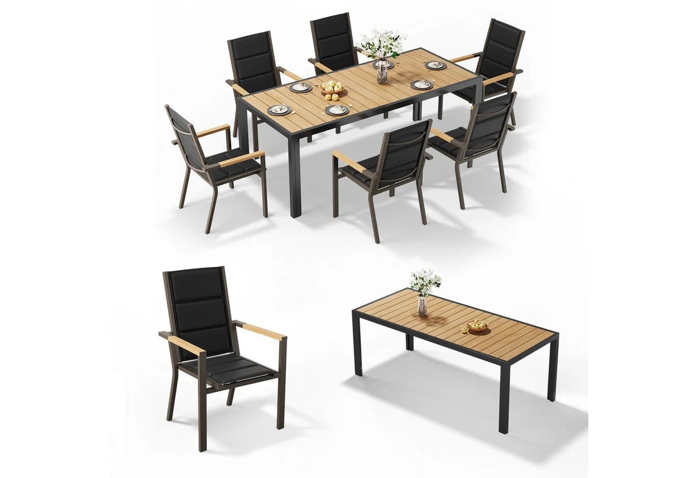 HOMALL Garten-Essgruppe 7-tlg. Aluminium Tisch mit Holzoptik Grau/Beige