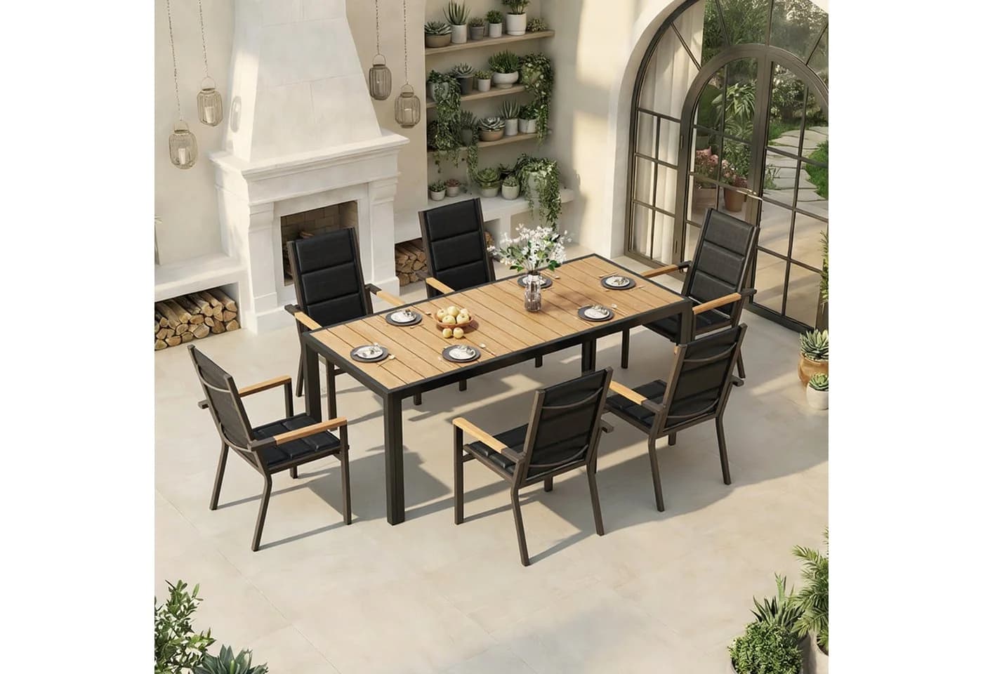HOMALL Garten-Essgruppe 7-tlg. Aluminium Tisch mit Holzoptik Grau/Beige - Bild 2
