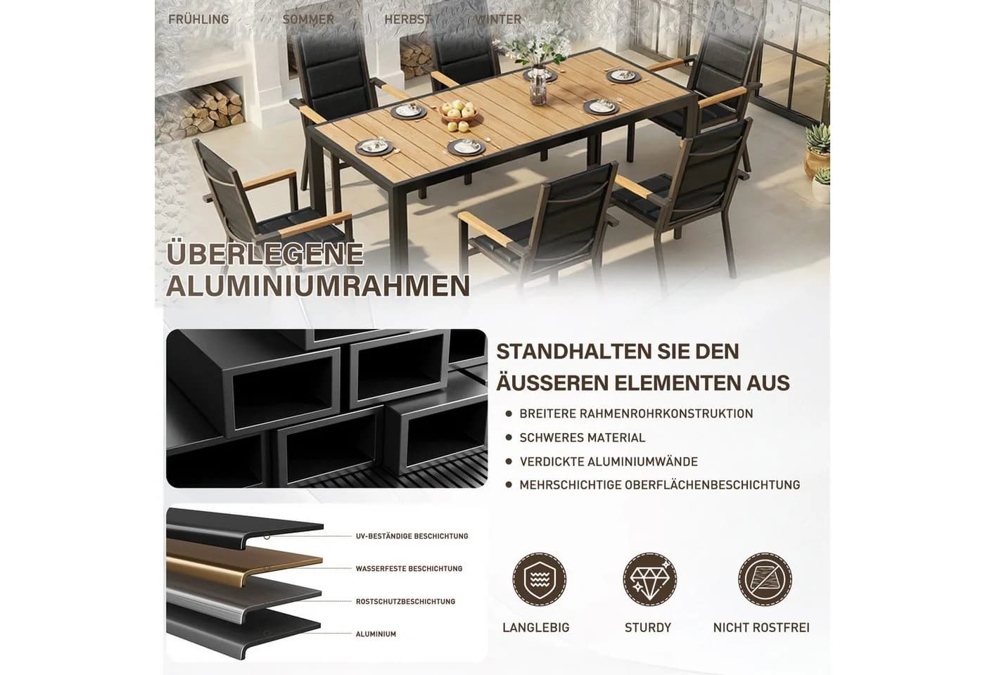 HOMALL Garten-Essgruppe 7-tlg. Aluminium Tisch mit Holzoptik Grau/Beige - Bild 3