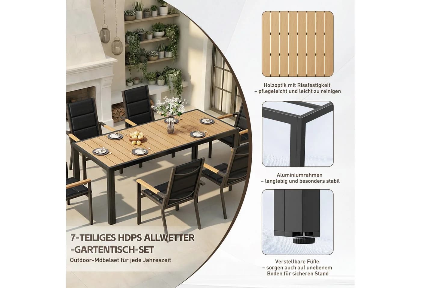 HOMALL Garten-Essgruppe 7-tlg. Aluminium Tisch mit Holzoptik Grau/Beige - Bild 4