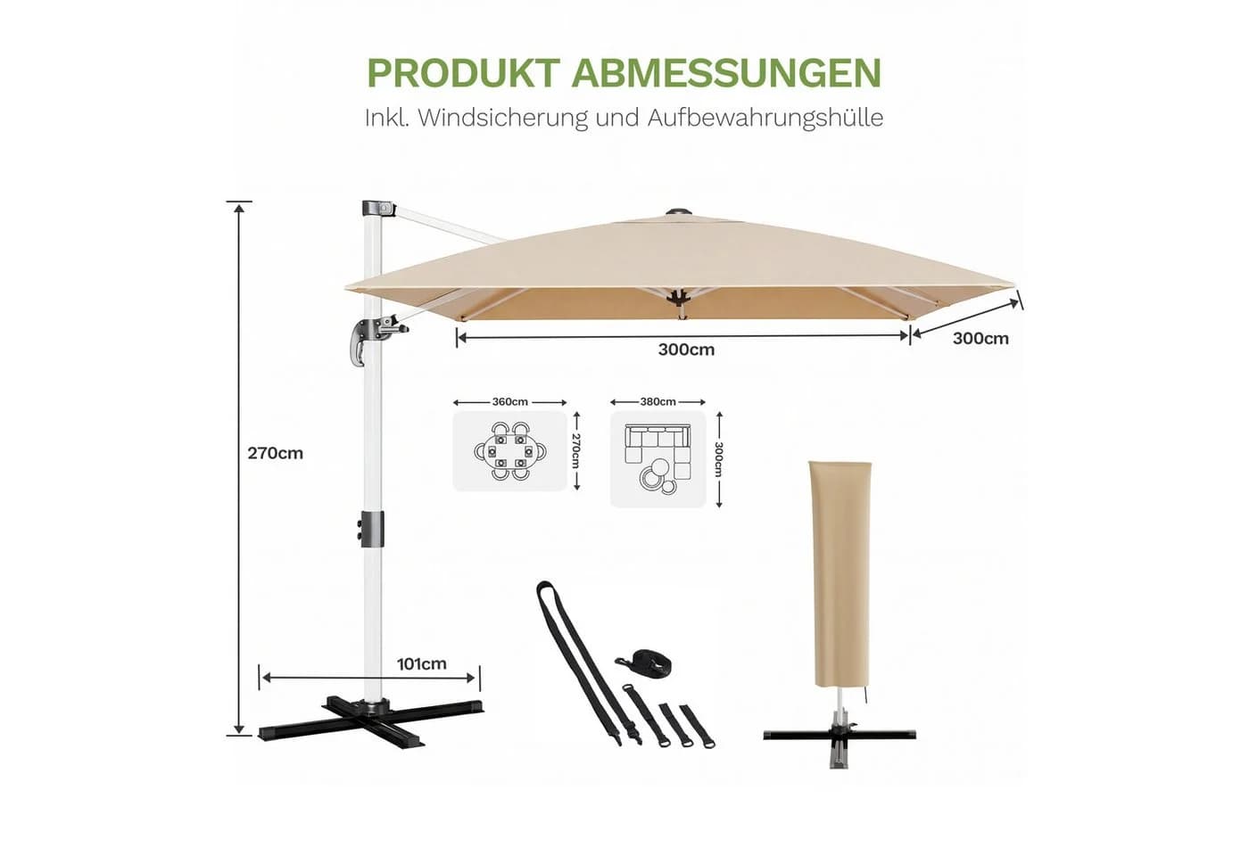 HOMALL Sonnenschirm 300x400 cm Ampelschirm Beige Grau UV-Schutz 50+ - Bild 4
