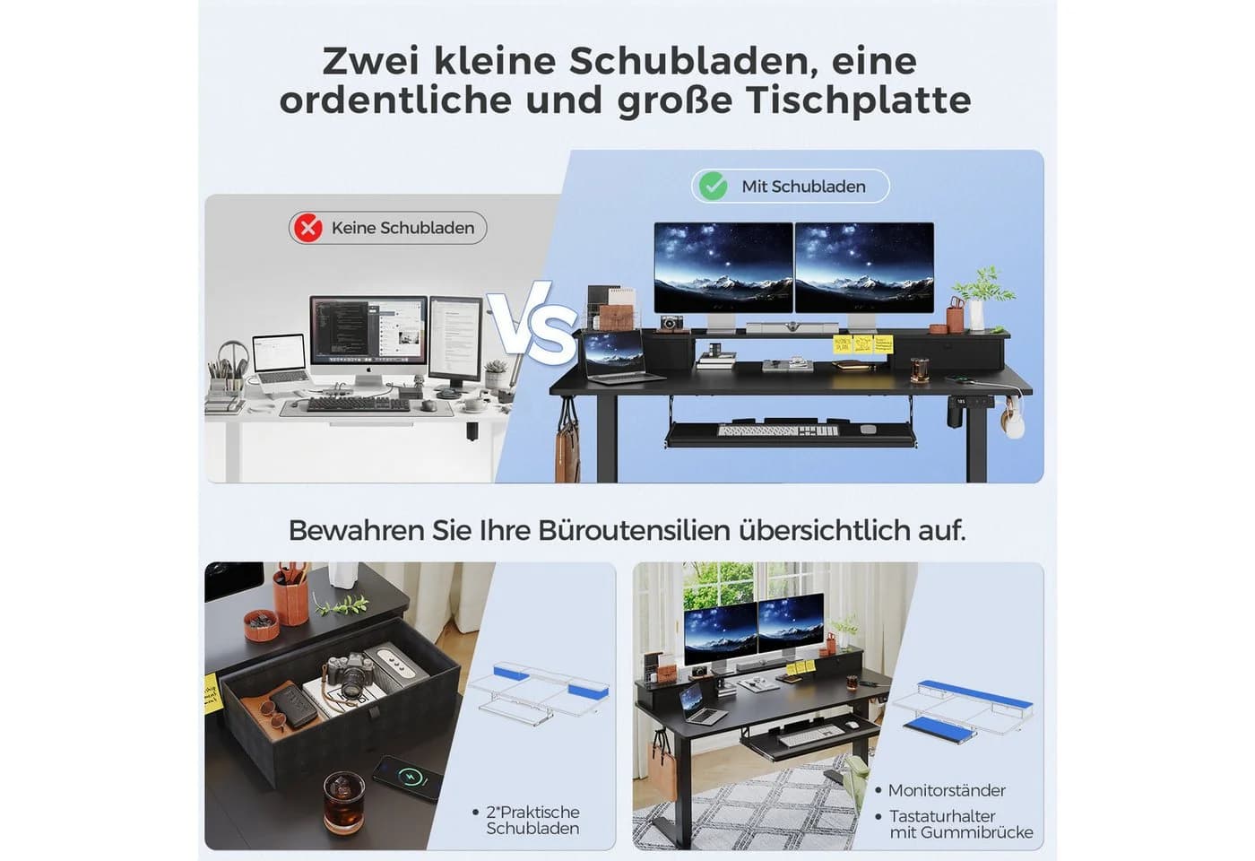 HOMALL Höhenverstellbarer Schreibtisch 140x60 cm Schwarz/Weiß - Bild 5