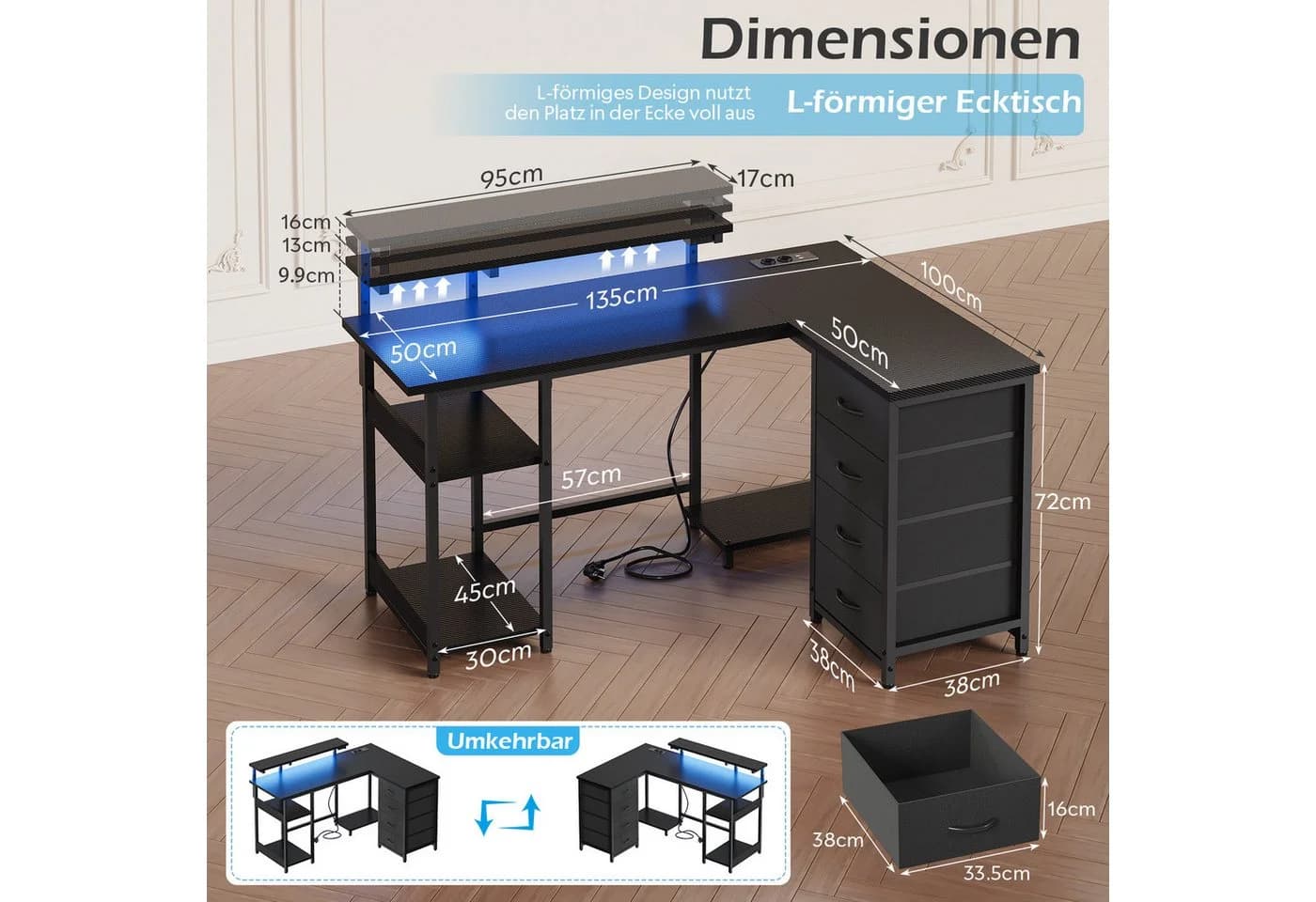 HOMALL Eck-Schreibtisch Schwarz mit LED, Schubladen & Steckdosen - Bild 1