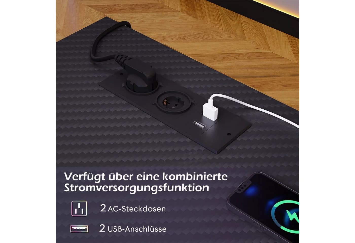 HOMALL Eck-Schreibtisch Schwarz mit LED, Schubladen & Steckdosen - Bild 4