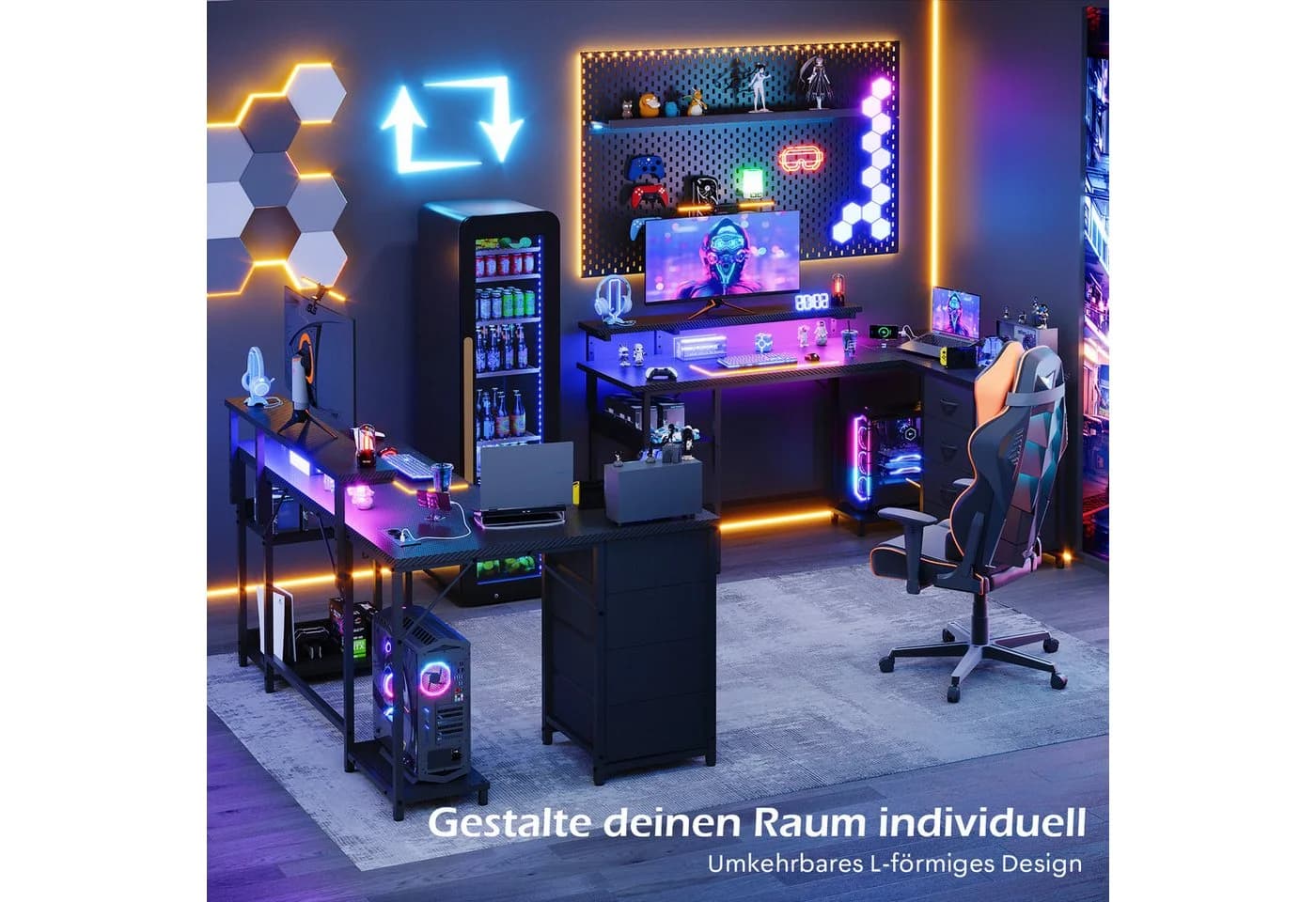 HOMALL Eck-Schreibtisch Schwarz mit LED, Schubladen & Steckdosen - Bild 5
