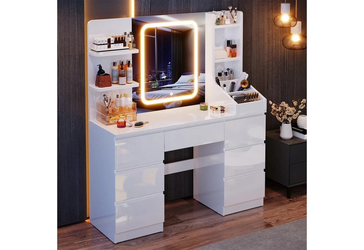 HOMALL Schminktisch Weiß mit LED-Beleuchtung und 7 Schubladen - Bild 3