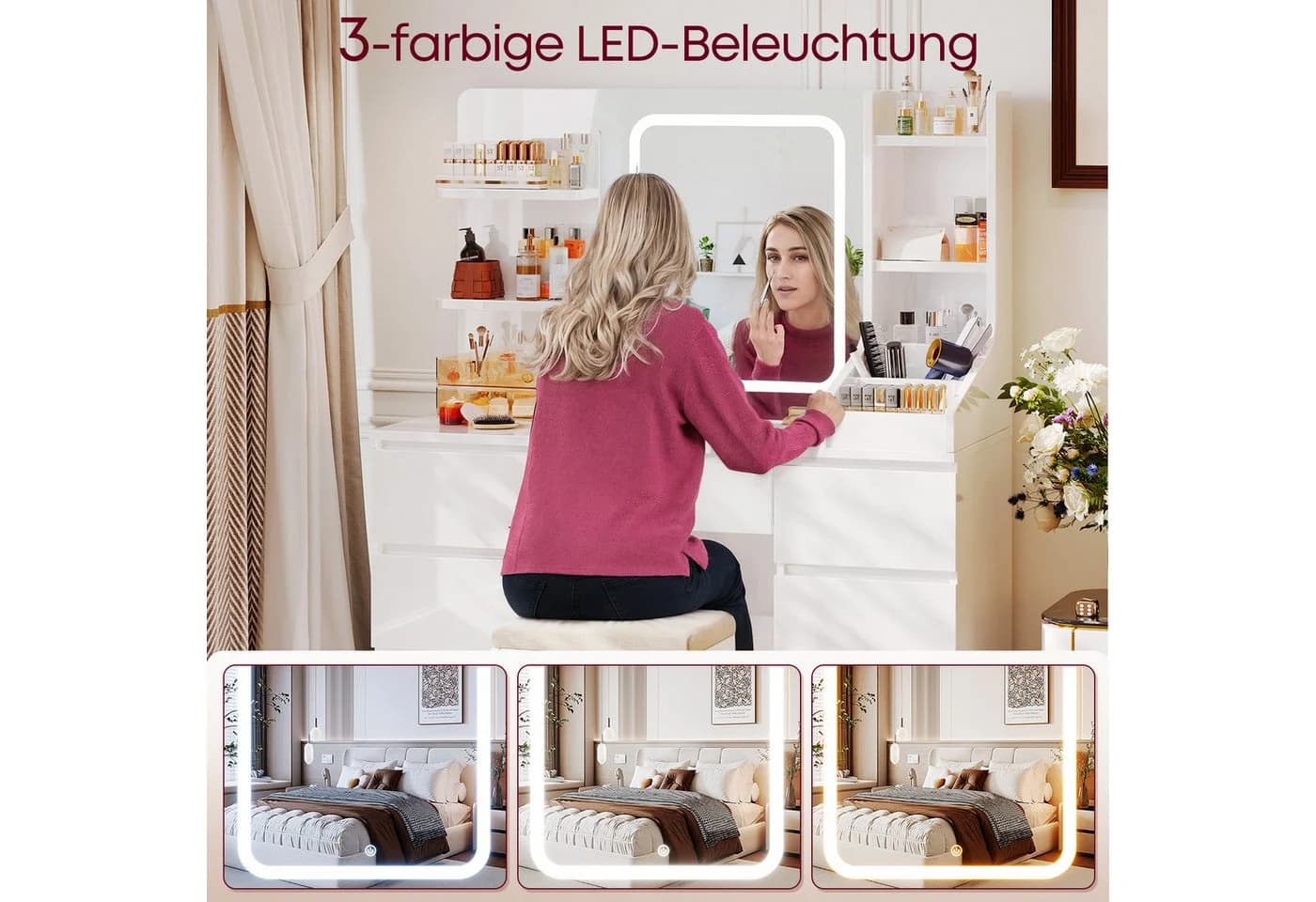HOMALL Schminktisch Weiß mit LED-Beleuchtung und 7 Schubladen - Bild 5