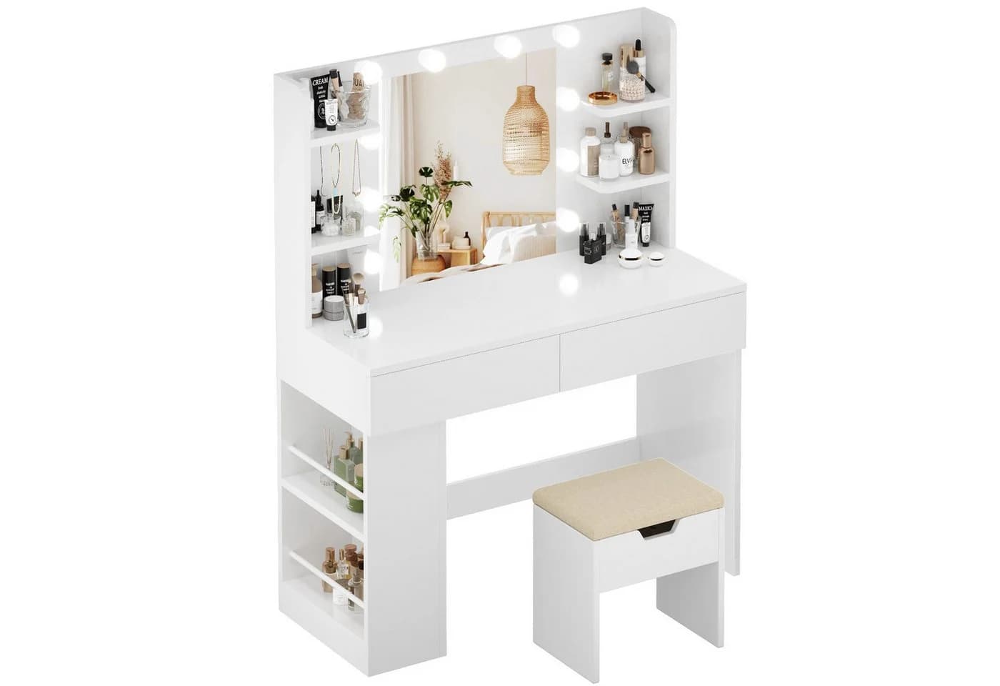 HOMALL Schminktisch mit LED-Beleuchtung und USB-Anschlüssen Weiß