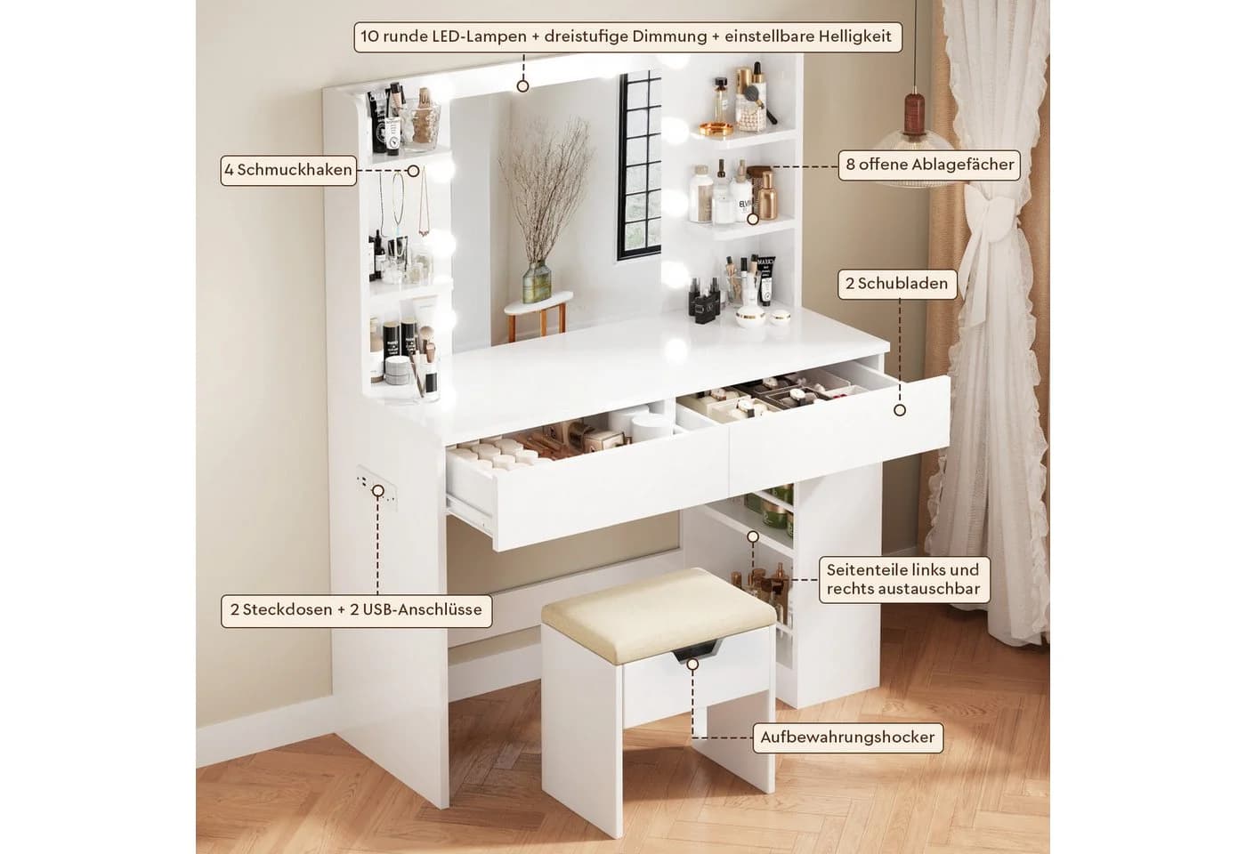 HOMALL Schminktisch mit LED-Beleuchtung und USB-Anschlüssen Weiß - Bild 4
