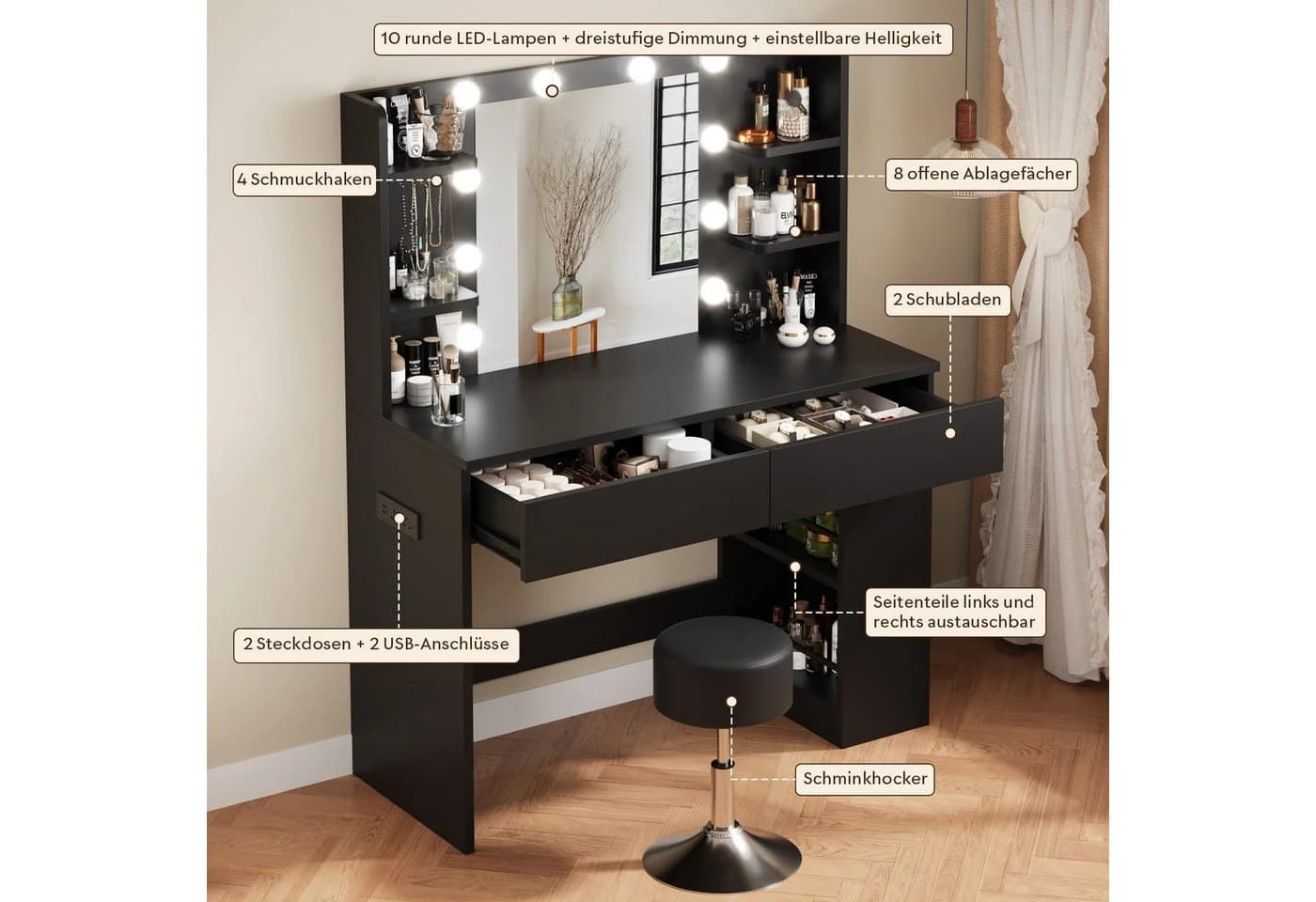 HOMALL Schminktisch mit LED-Beleuchtung, Schwarz/Weiß, 90x40x137 cm - Bild 5