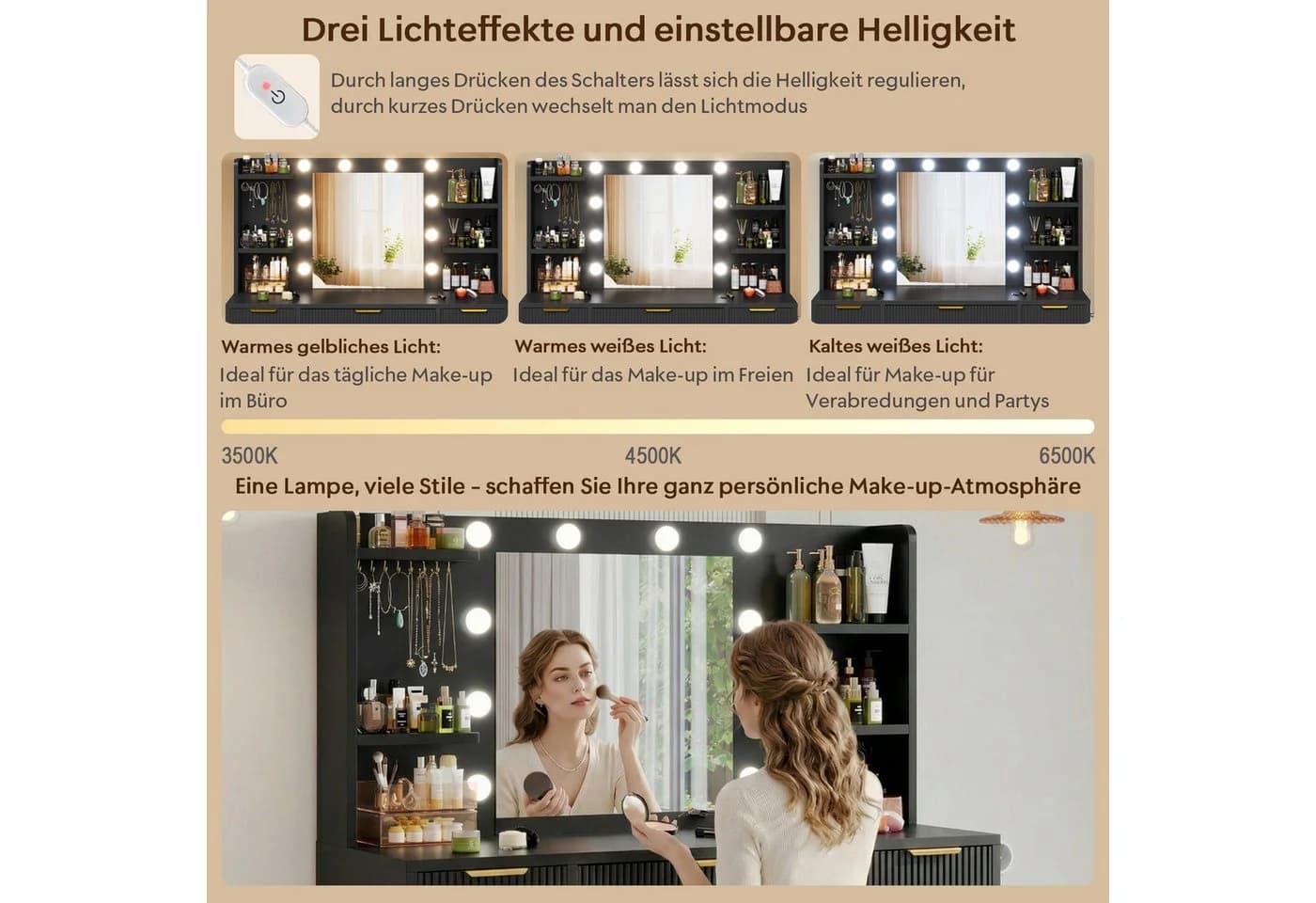 HOMALL Schminktisch mit LED-Beleuchtung & Spiegel - Bild 5