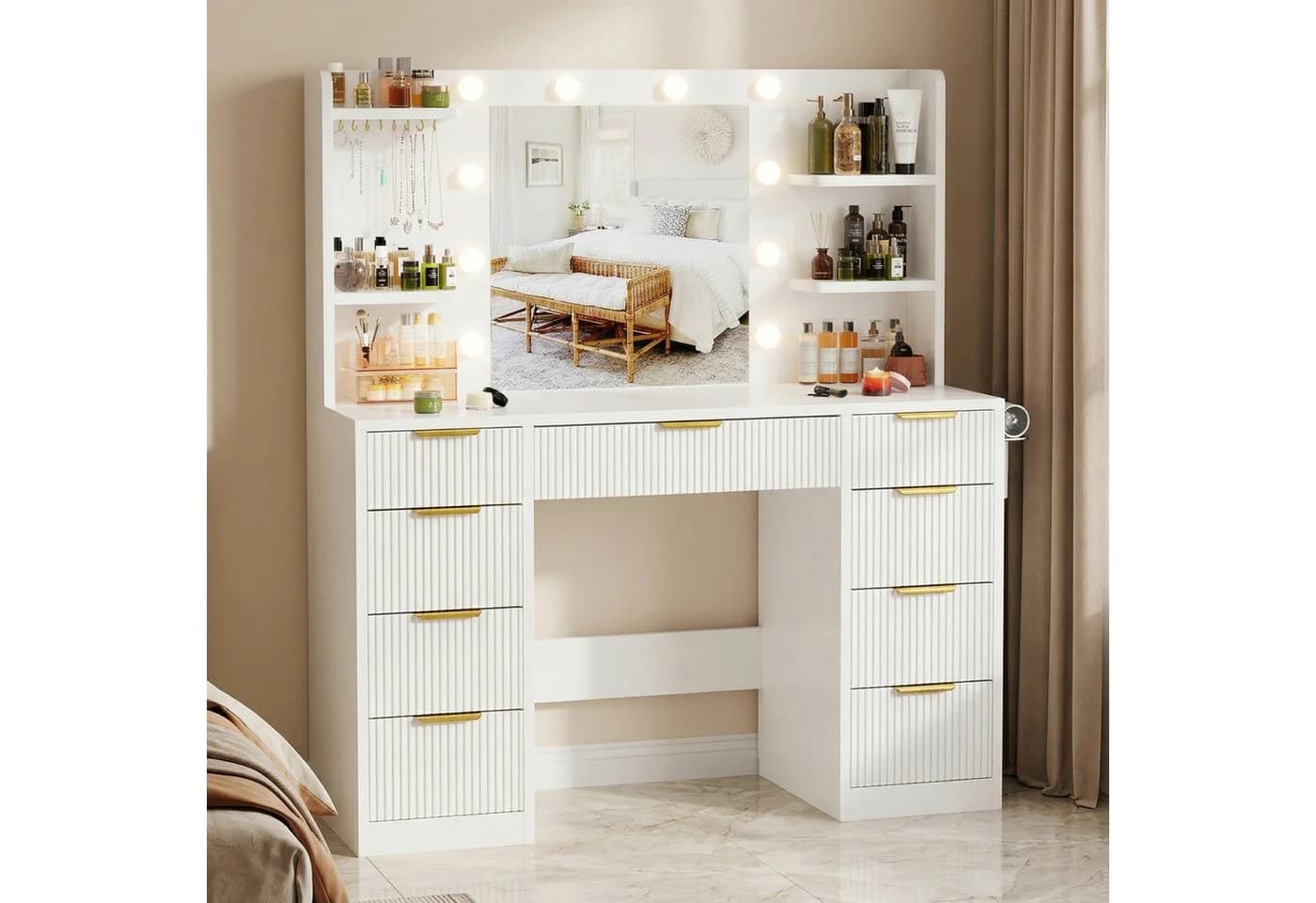 Furnicopia Schminktisch mit LED-Beleuchtung, 7 Schubladen & Stromversorgung - Bild 3