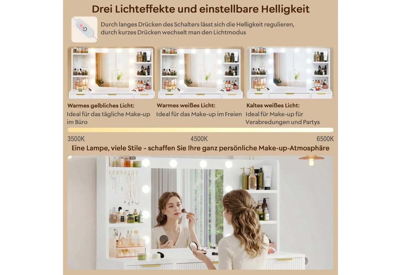 Furnicopia Schminktisch mit LED-Beleuchtung, 7 Schubladen & Stromversorgung - Bild 5
