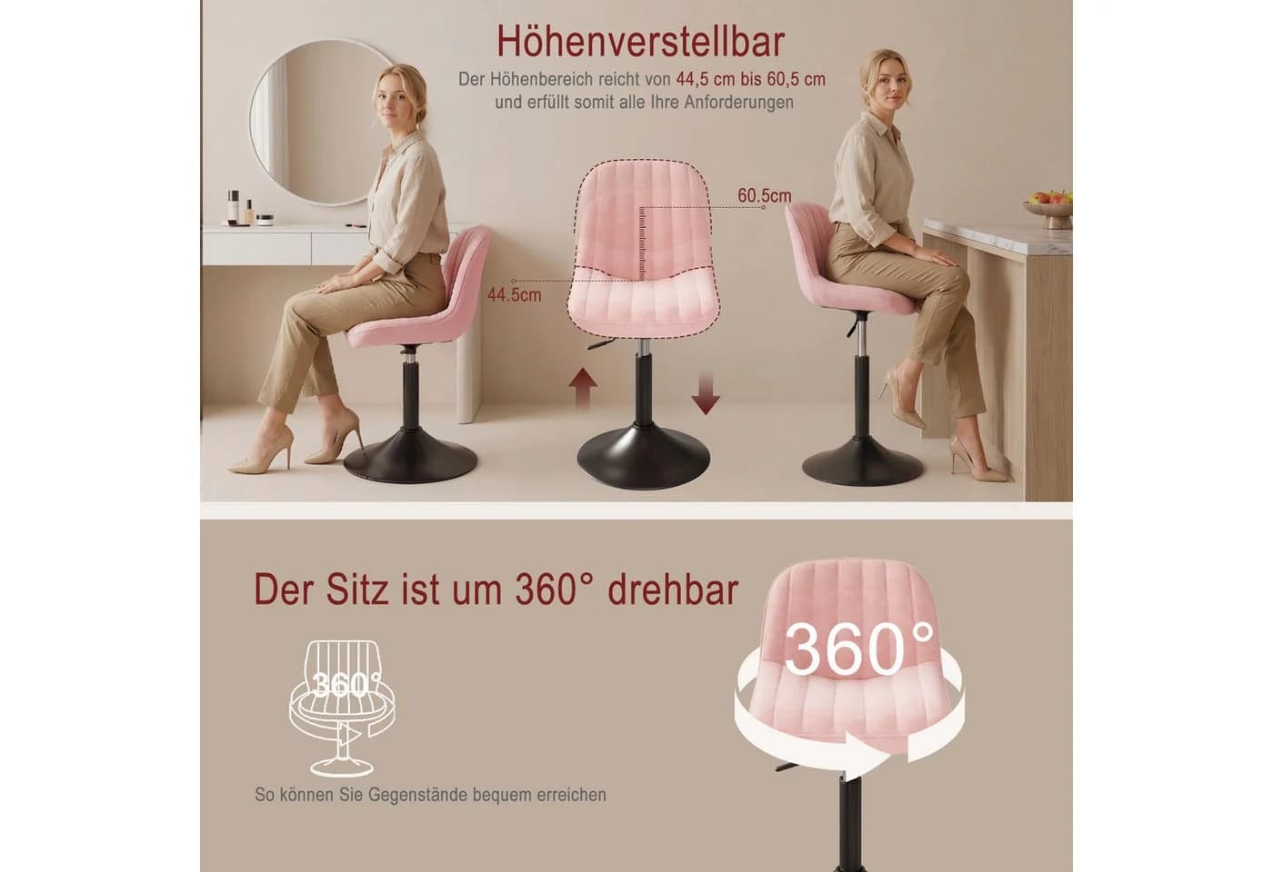 HOMALL Barhocker Höhenverstellbar Grau/Rosa/Weiß 360° Drehbar - Bild 4