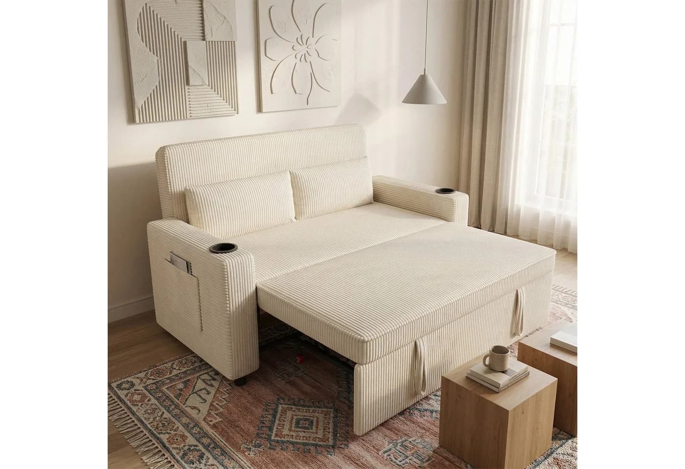 GUNJI Sofa 2-Sitzer Schlafsofa Beige Cord mit Schlaffunktion