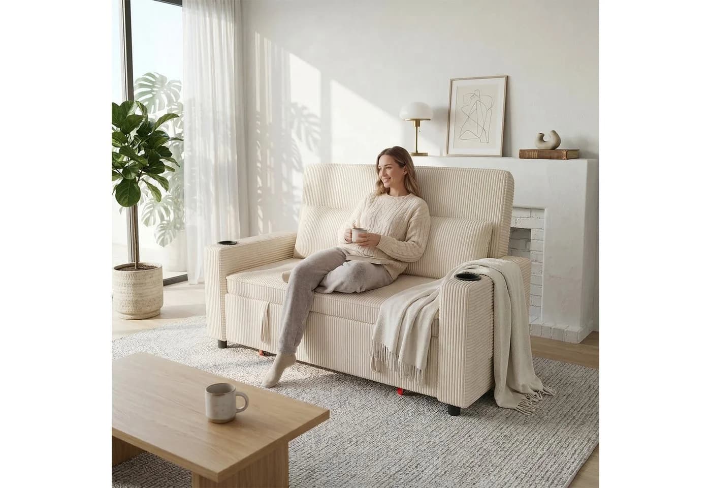 GUNJI Sofa 2-Sitzer Schlafsofa Beige Cord mit Schlaffunktion - Bild 4