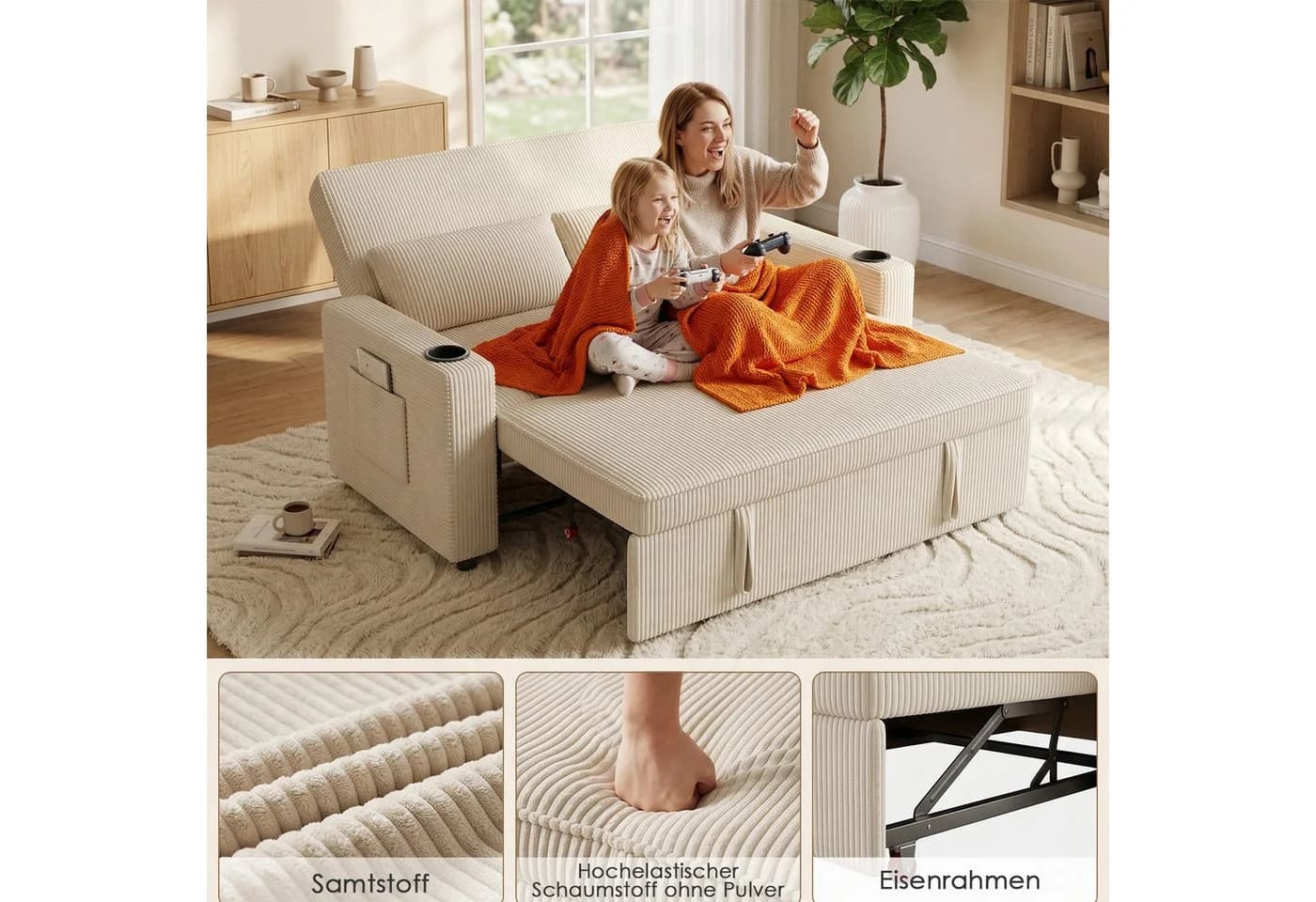 GUNJI Sofa 2-Sitzer Schlafsofa Beige Cord mit Schlaffunktion - Bild 5