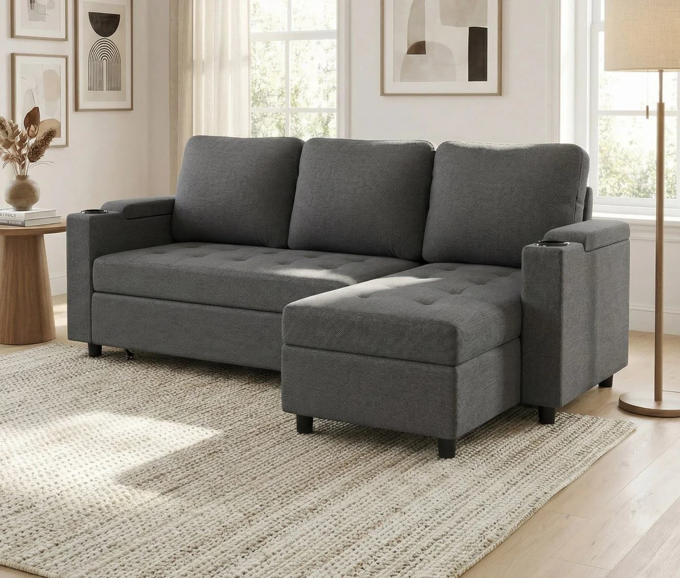 GUNJI L/U-Sofa mit Schlaffunktion Grau
