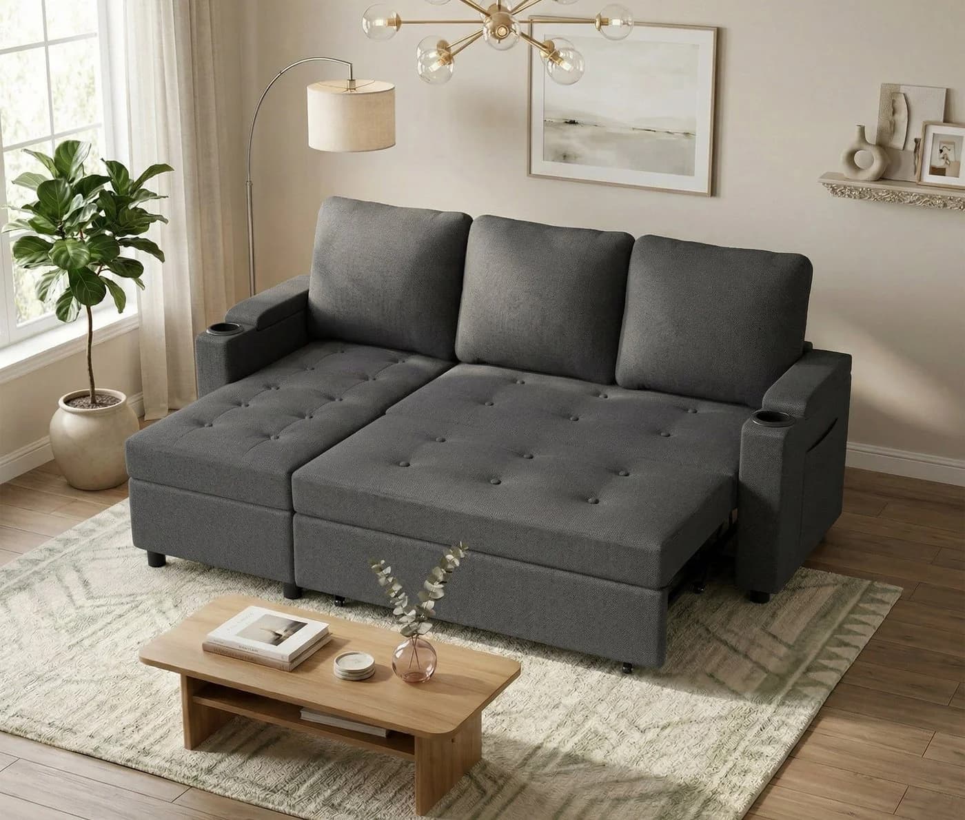 GUNJI L/U-Sofa mit Schlaffunktion Grau - Bild 3