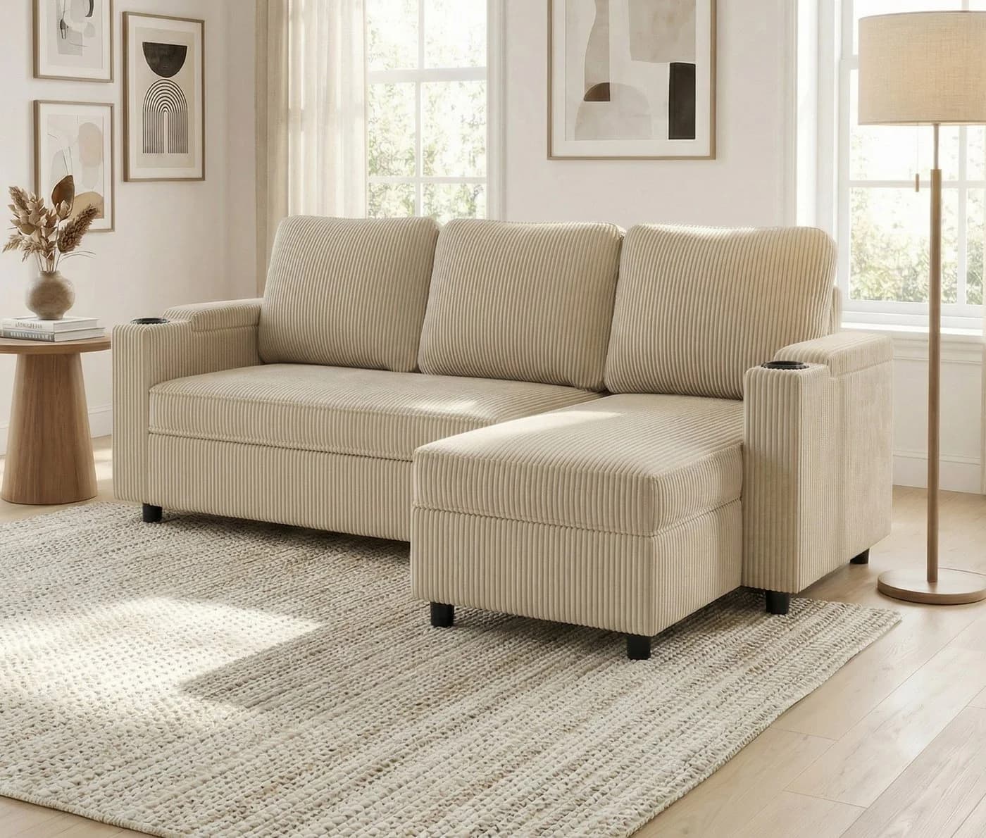GUNJI Sofa L/U-Sofa mit Schlaffunktion Beige Veloursstreifen