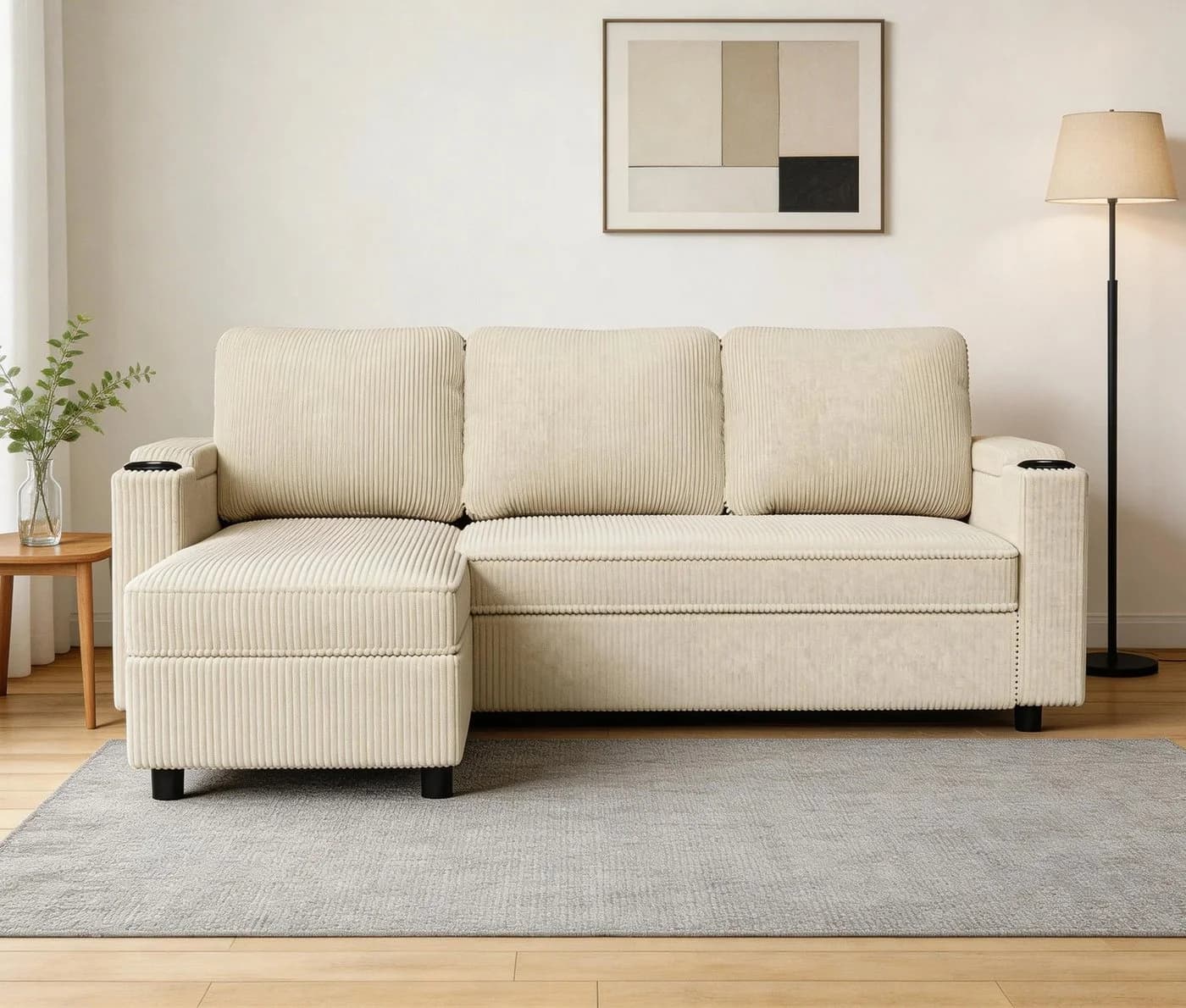 GUNJI Sofa L/U-Sofa mit Schlaffunktion Beige Veloursstreifen - Bild 2