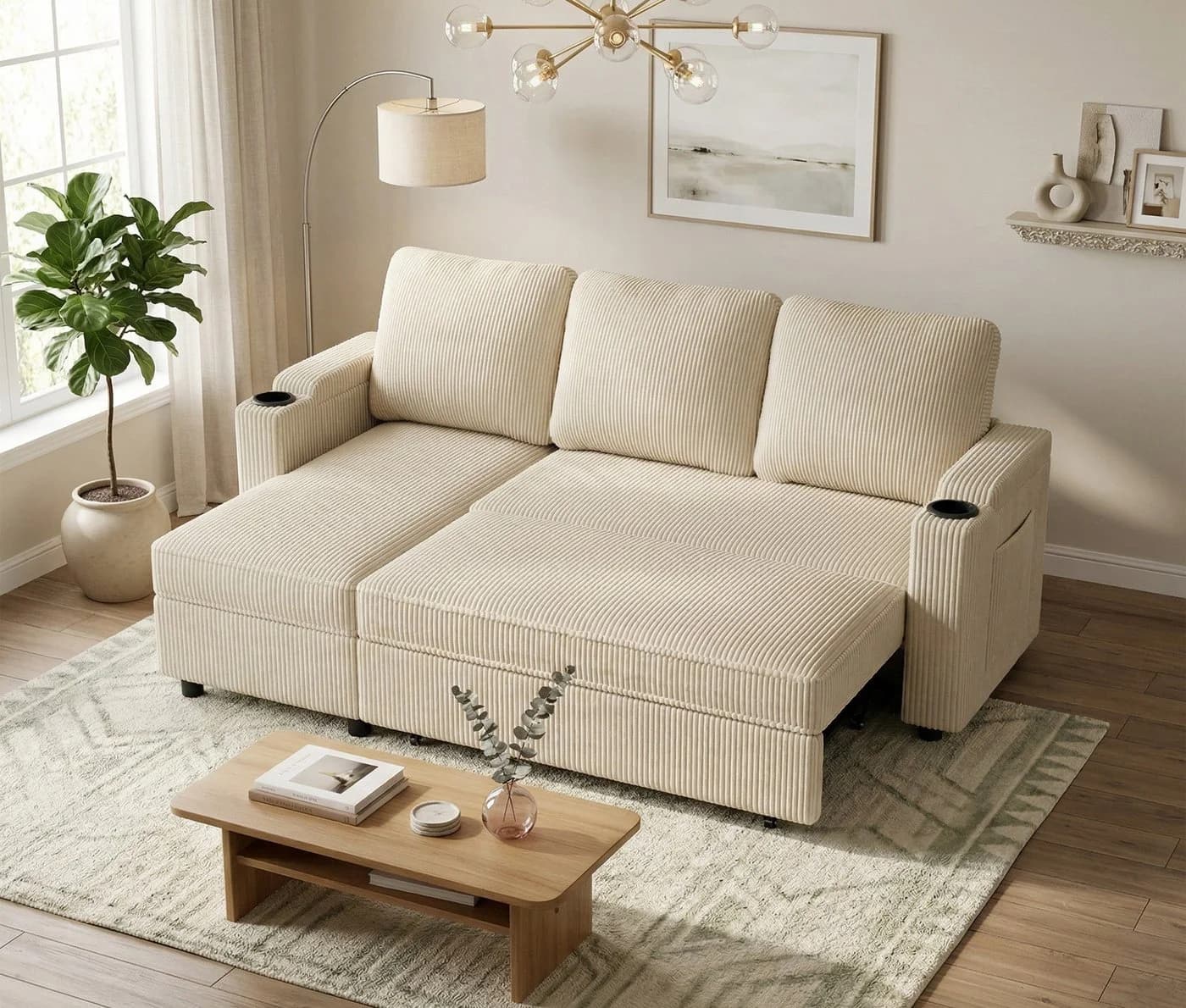 GUNJI Sofa L/U-Sofa mit Schlaffunktion Beige Veloursstreifen - Bild 3