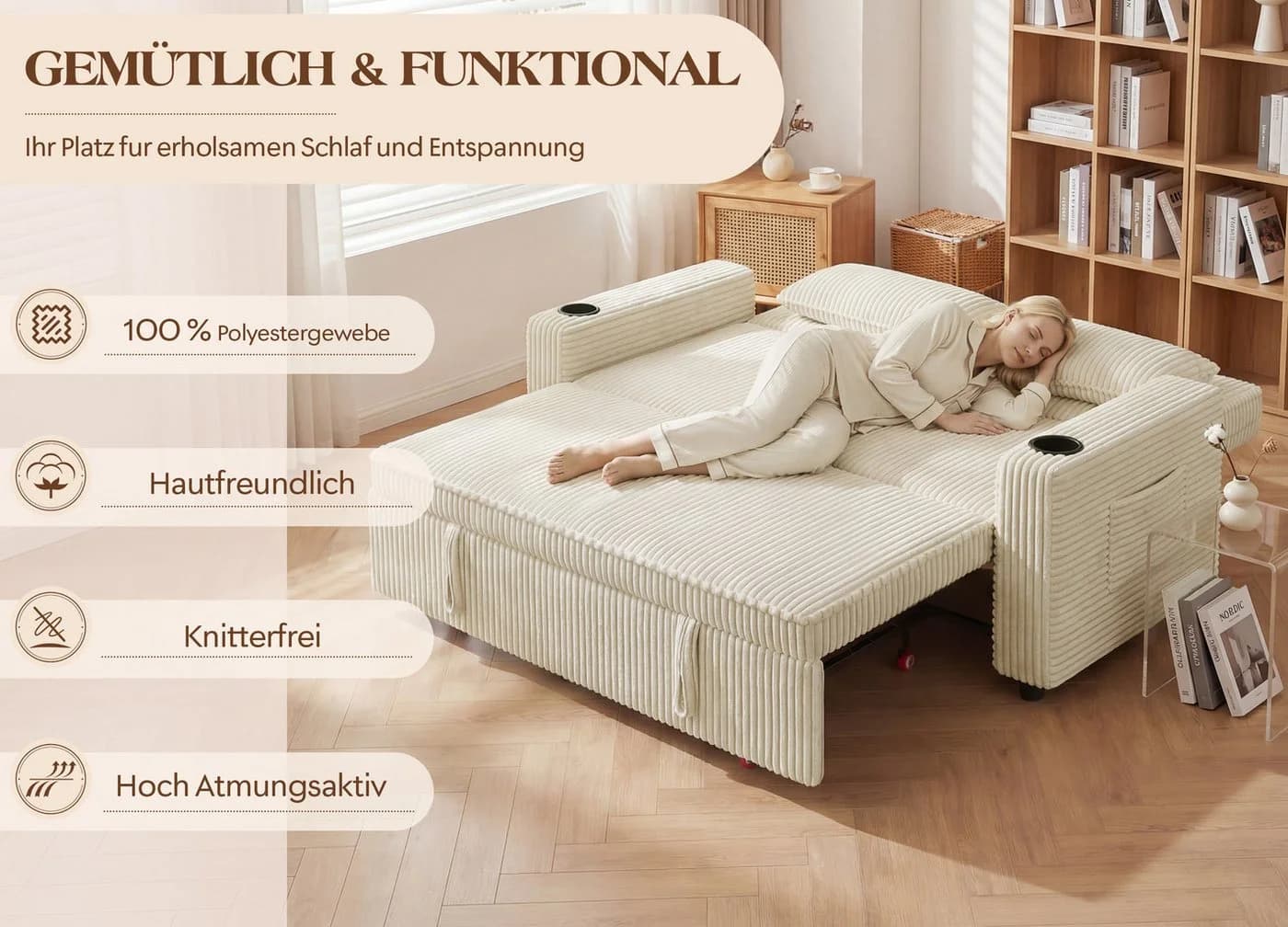 GUNJI Sofa Klappbares Doppelsofa Beige - Bild 4