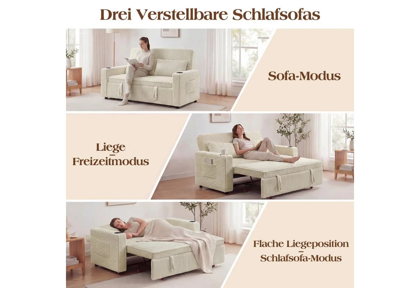 GUNJI Sofa Klappbares Doppelsofa Beige - Bild 5