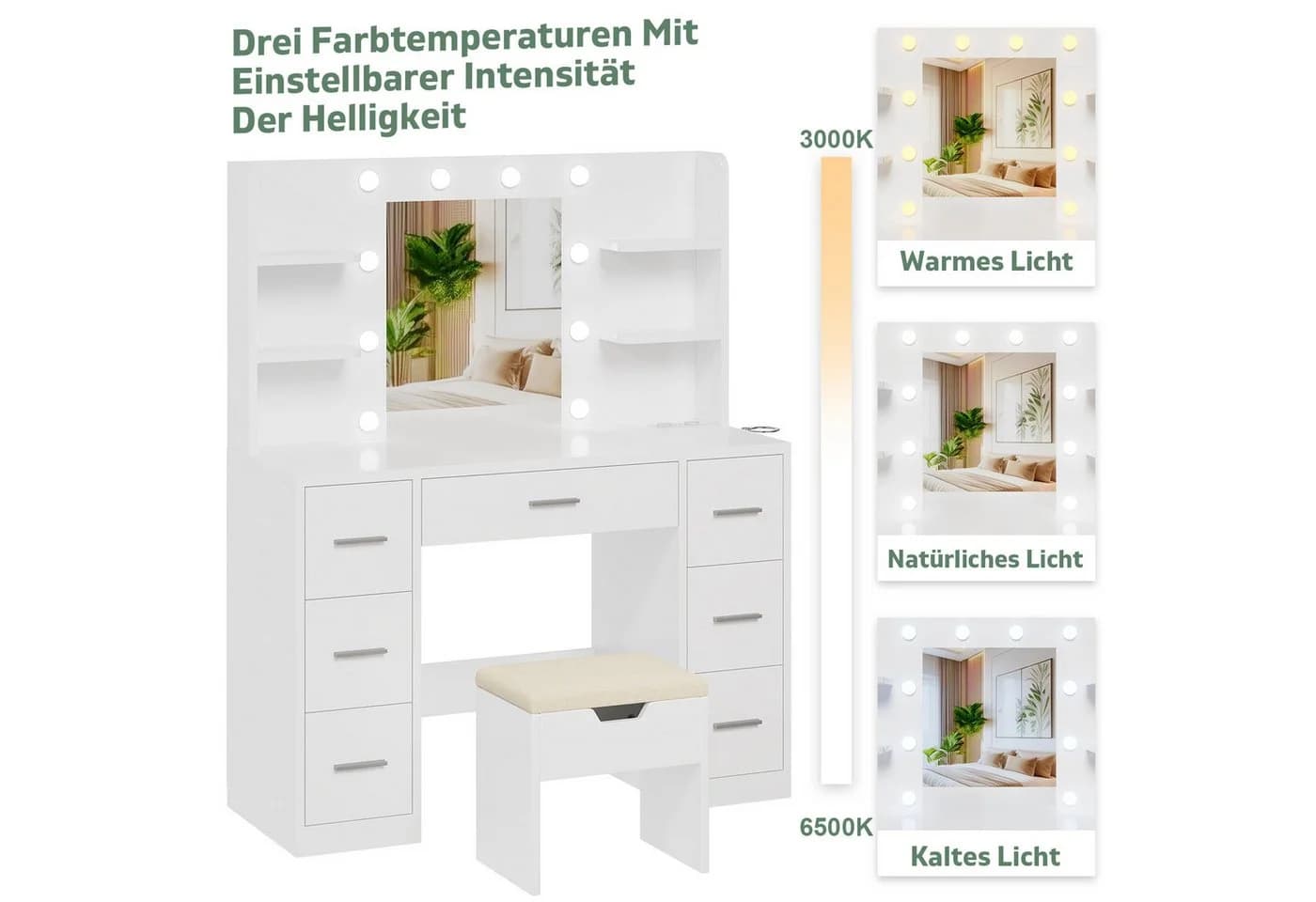 Furnicopia Schminktisch mit LED-Beleuchtung und Steckdosen - Bild 5