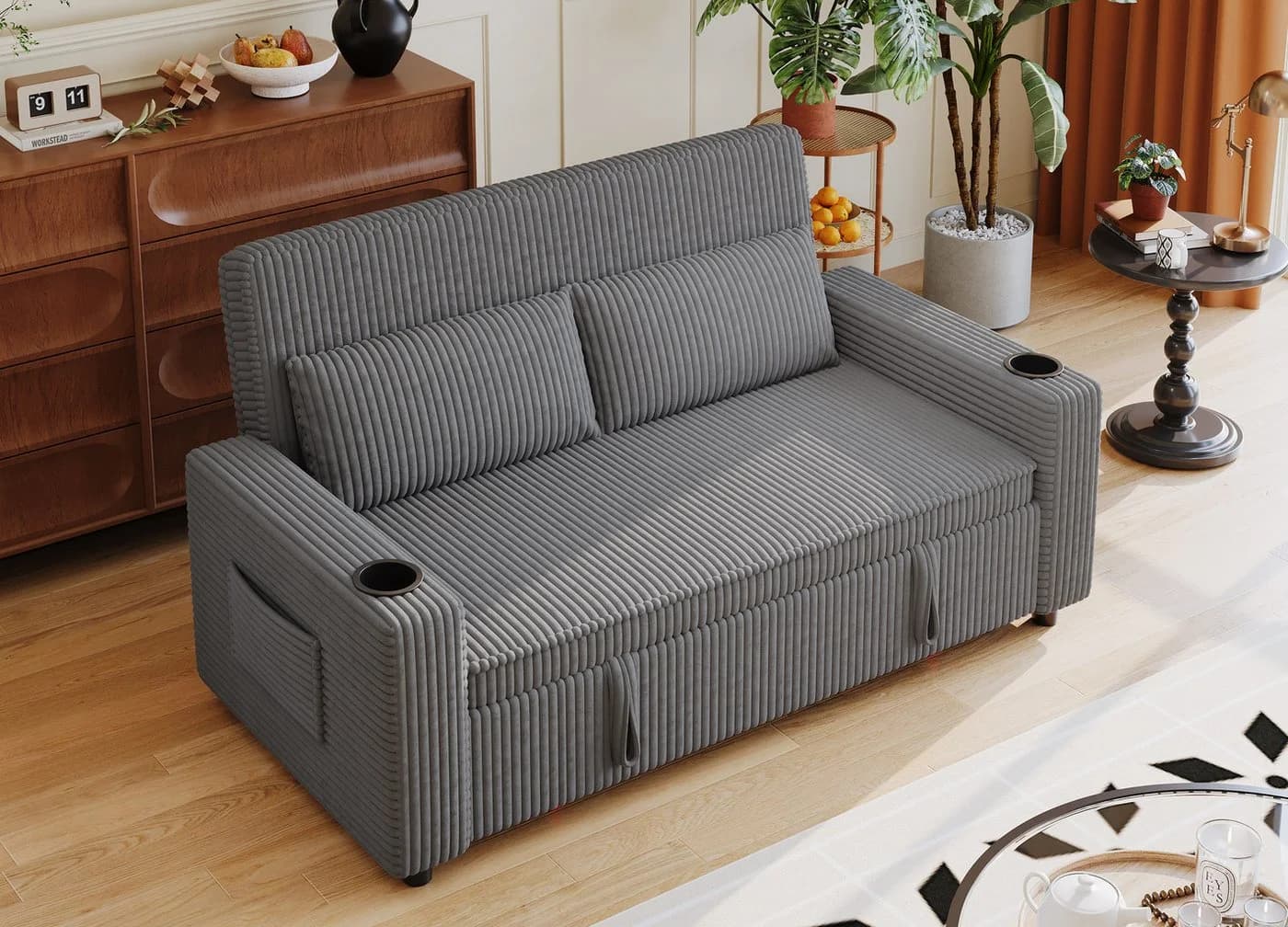 GUNJI Sofa Mit Bettfunktion, Cordsofa Mit Getränkehaltern, Ausziehbares Doppelschlafsofa