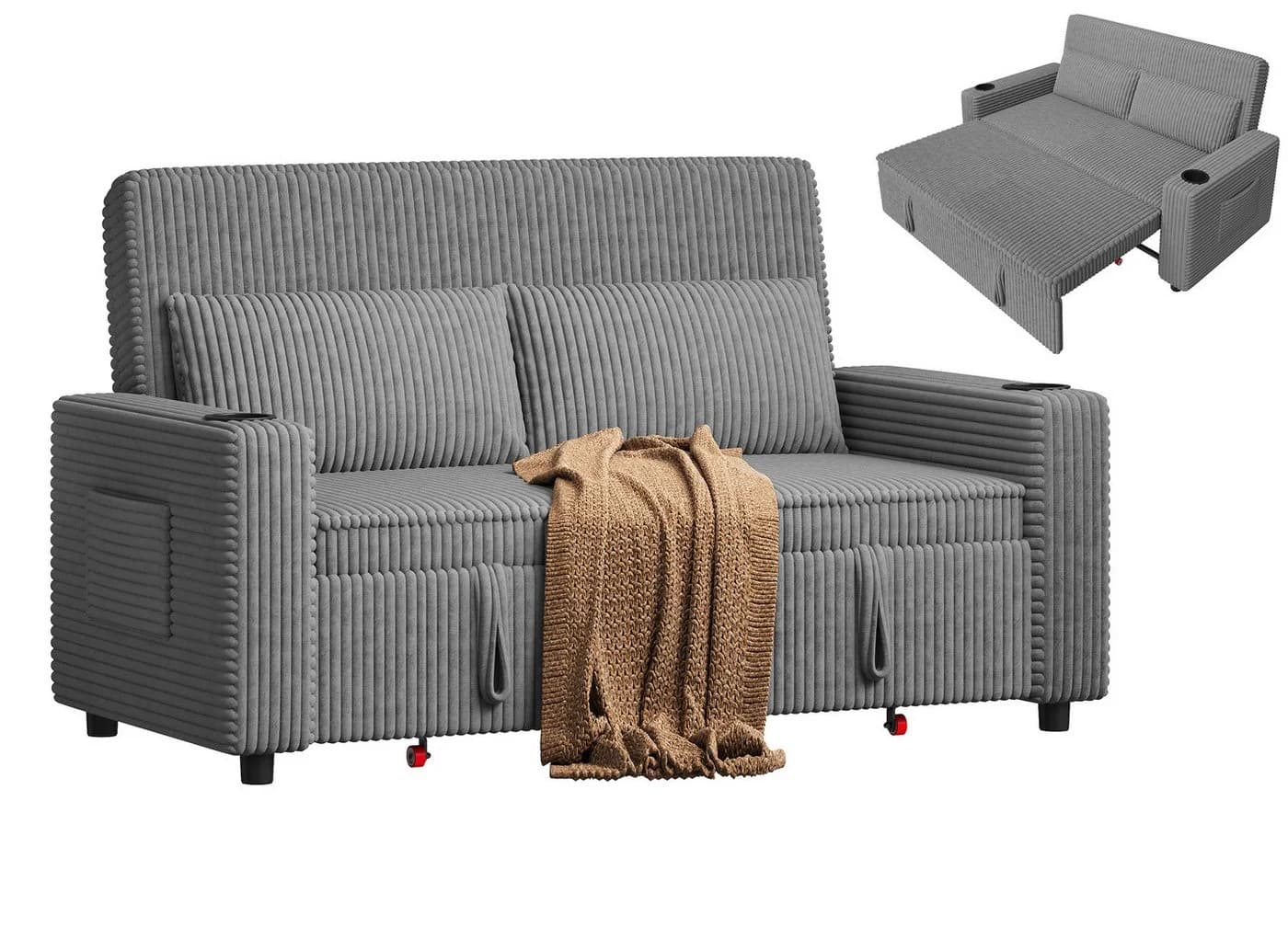 GUNJI Sofa Mit Bettfunktion, Cordsofa Mit Getränkehaltern, Ausziehbares Doppelschlafsofa - Bild 2