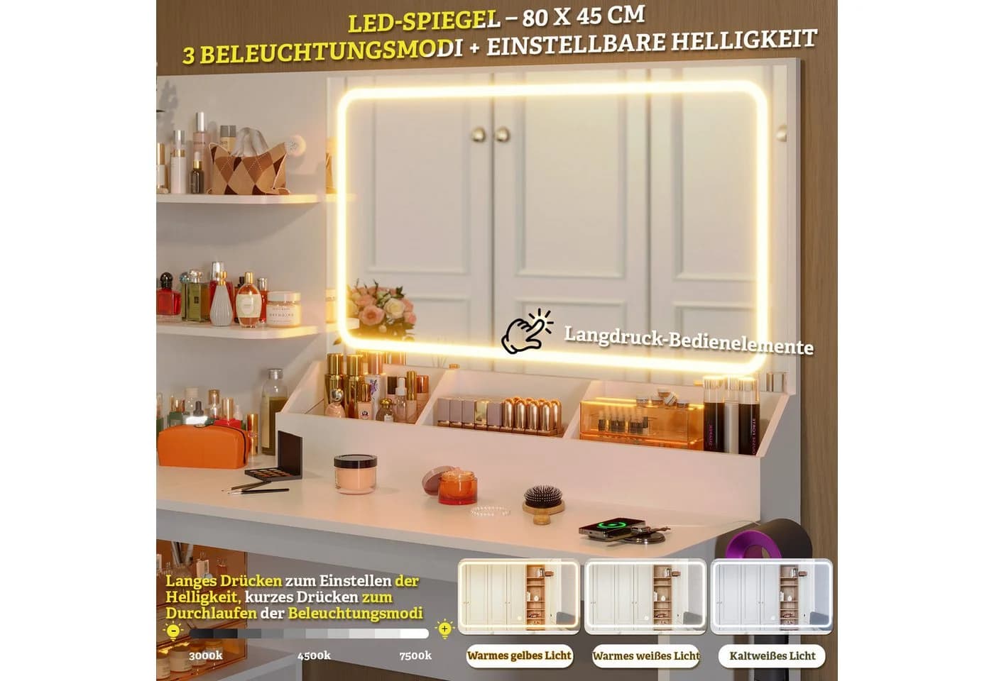 Furnicopia Schminktisch LED-Beleuchtung Weiß - Bild 5