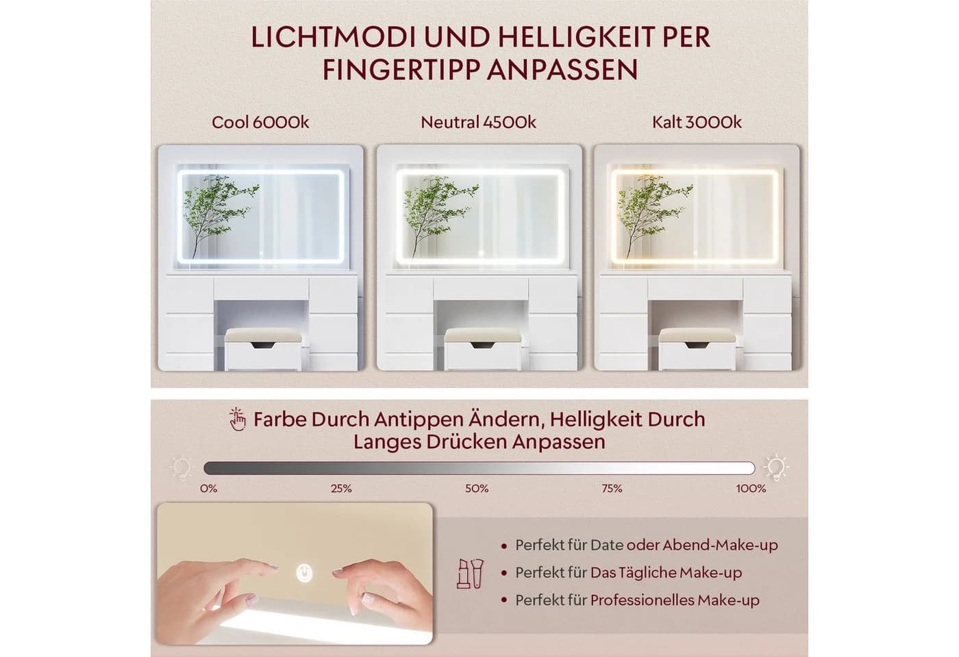 Furnicopia Schminktisch Weiß mit LED-Spiegel und 7 Schubladen - Bild 4