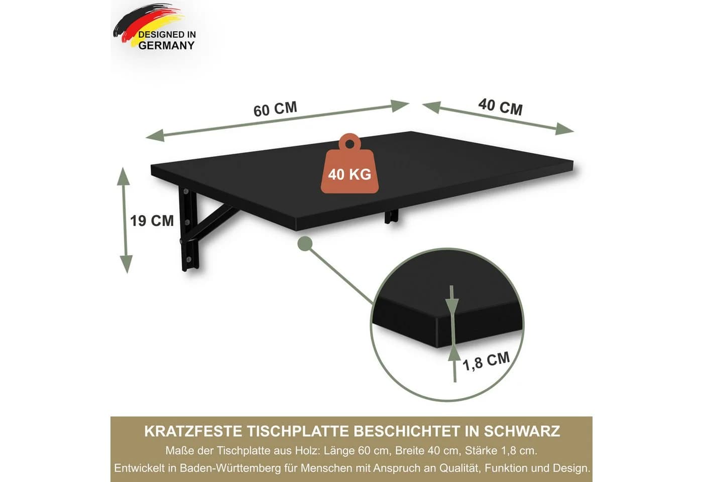 KDR Produktgestaltung Wandklapptisch Schwarz 60x40 cm - Bild 5
