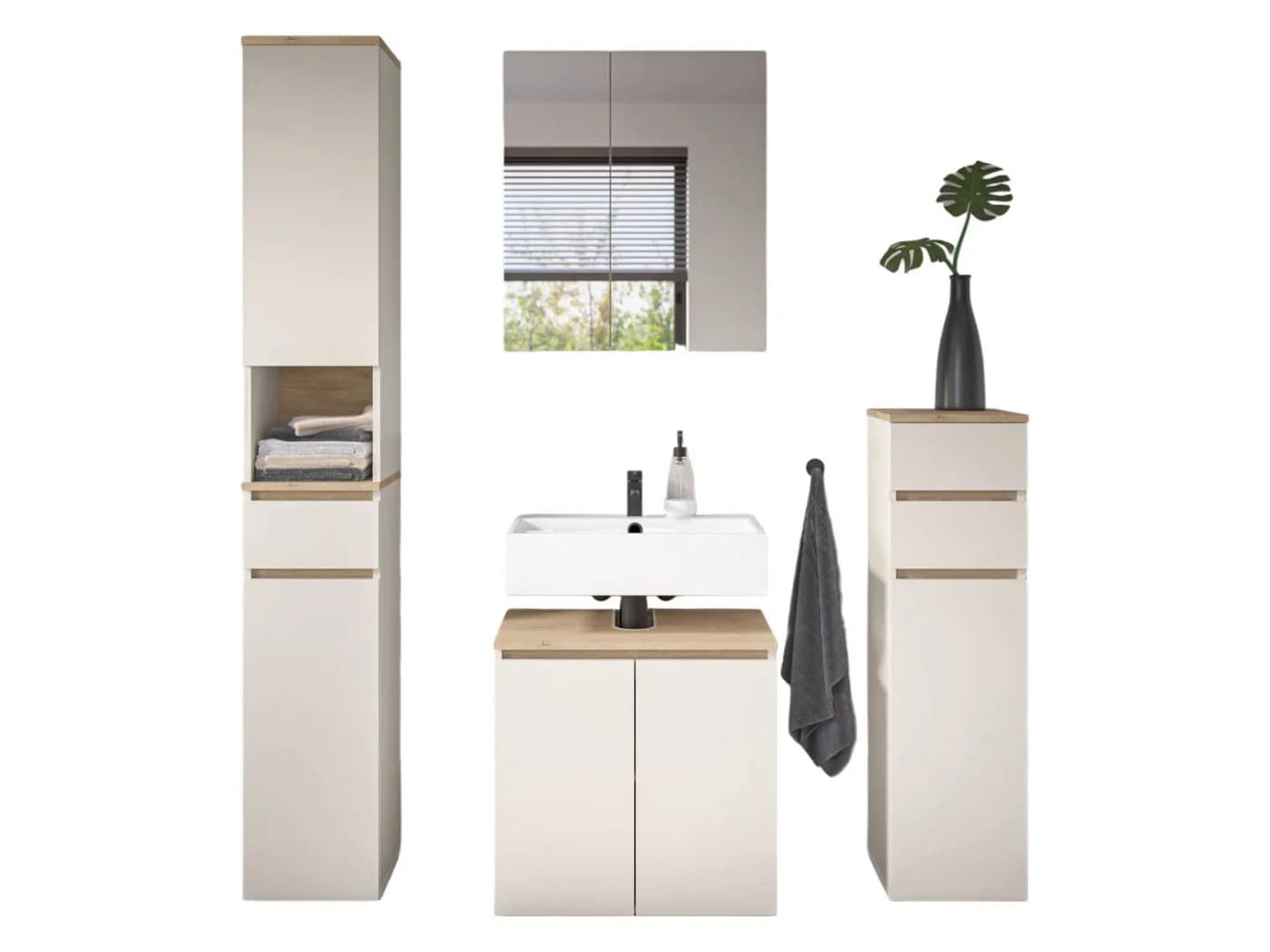 moebel-dich-auf Badmöbel-Set LONDRES, 4-St., Hochschrank, Spiegelschrank, Wbu, Kommode, Kaschmir oder Anthrazit