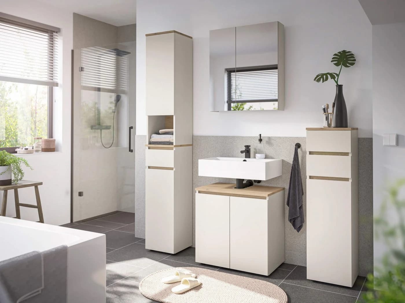 moebel-dich-auf Badmöbel-Set LONDRES, 4-St., Hochschrank, Spiegelschrank, Wbu, Kommode, Kaschmir oder Anthrazit - Bild 2