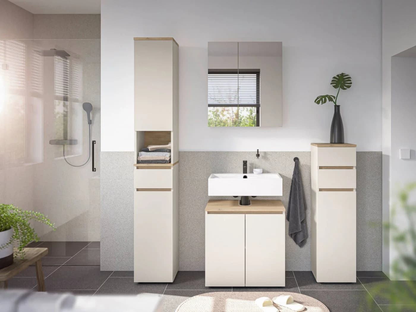 moebel-dich-auf Badmöbel-Set LONDRES, 4-St., Hochschrank, Spiegelschrank, Wbu, Kommode, Kaschmir oder Anthrazit - Bild 3