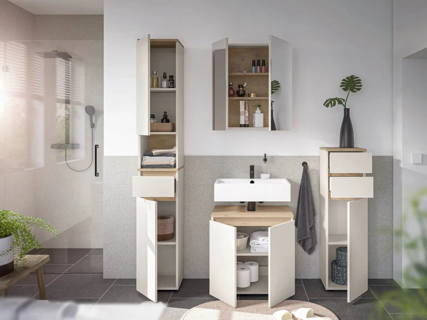 moebel-dich-auf Badmöbel-Set LONDRES, 4-St., Hochschrank, Spiegelschrank, Wbu, Kommode, Kaschmir oder Anthrazit - Bild 4