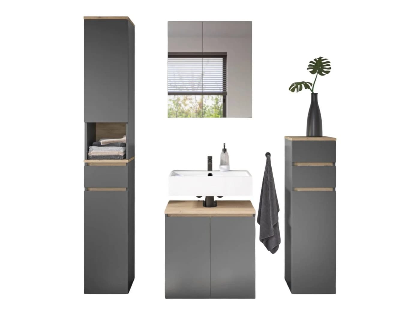 moebel-dich-auf Badmöbel-Set LONDRES, 4-St., Hochschrank, Spiegelschrank, Kommode, Anthrazit, Cremona Eiche