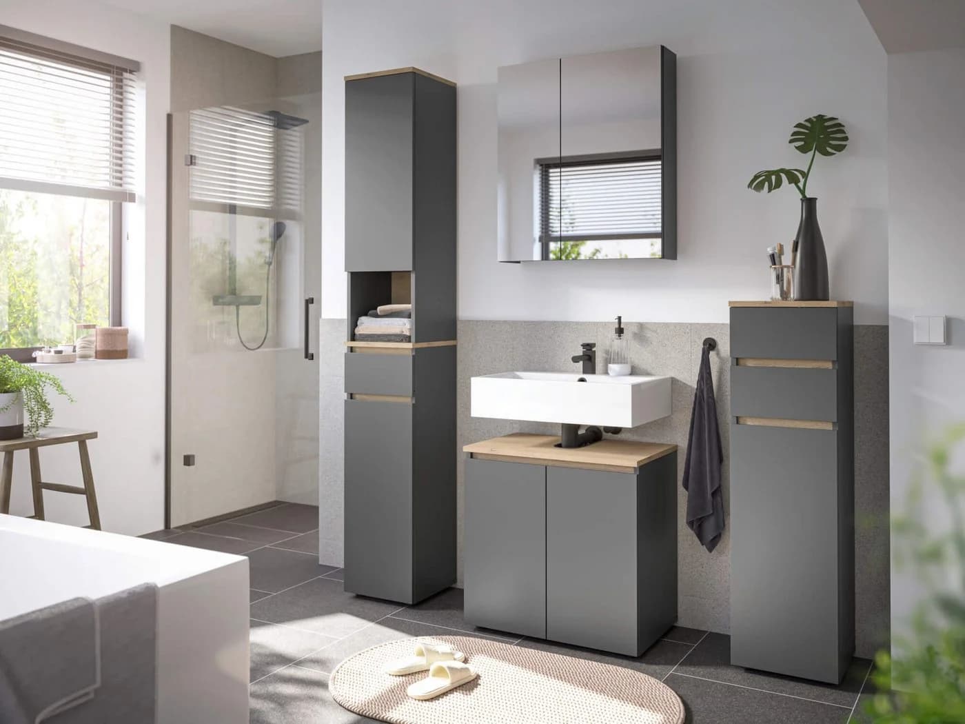moebel-dich-auf Badmöbel-Set LONDRES, 4-St., Hochschrank, Spiegelschrank, Kommode, Anthrazit, Cremona Eiche - Bild 2