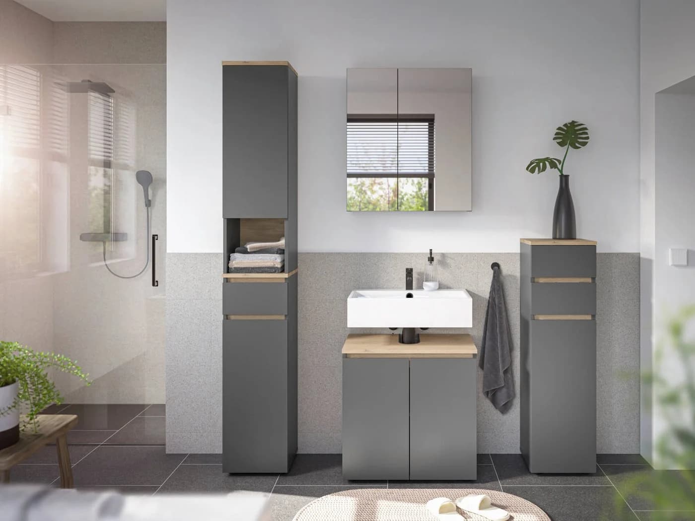 moebel-dich-auf Badmöbel-Set LONDRES, 4-St., Hochschrank, Spiegelschrank, Kommode, Anthrazit, Cremona Eiche - Bild 3
