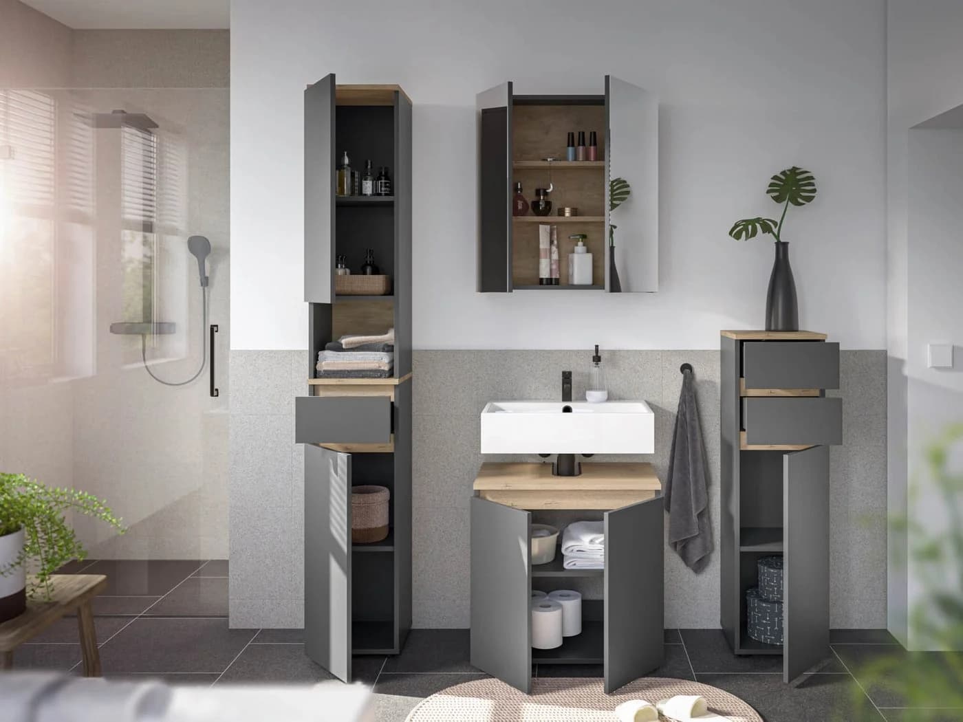 moebel-dich-auf Badmöbel-Set LONDRES, 4-St., Hochschrank, Spiegelschrank, Kommode, Anthrazit, Cremona Eiche - Bild 4