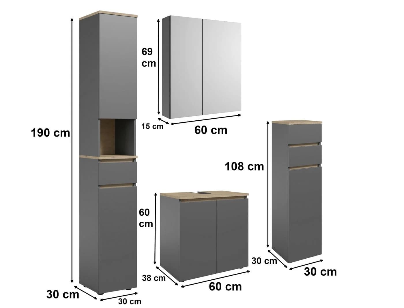 moebel-dich-auf Badmöbel-Set LONDRES, 4-St., Hochschrank, Spiegelschrank, Kommode, Anthrazit, Cremona Eiche - Bild 5