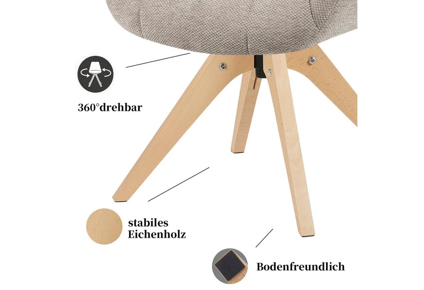 DUBI Möbel Polsterstuhl Mika-Nele Eiche geölt 360° drehbar Beige - Bild 4