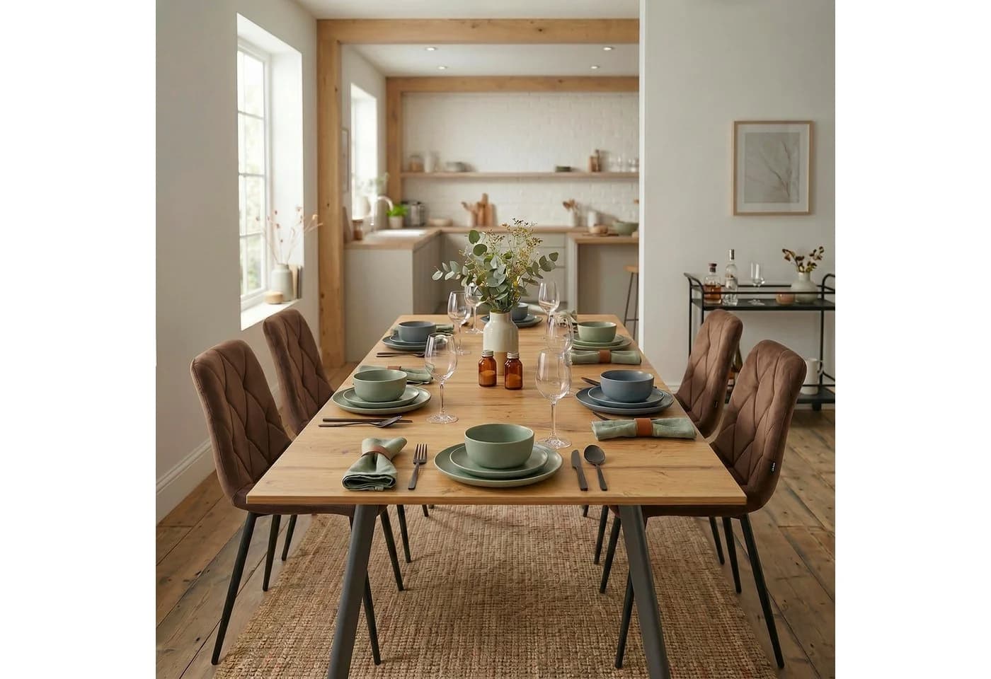 B&D home Essgruppe Mara & Vicka 5-tlg. Esstisch ausziehbar Samt Braun