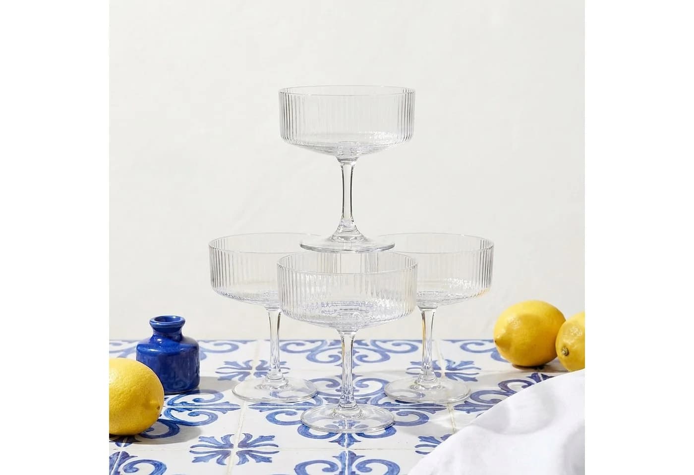 DAL CERO Gläser-Set BIANCO & COBALT Cocktailgläser geriffelt, 4-tlg.