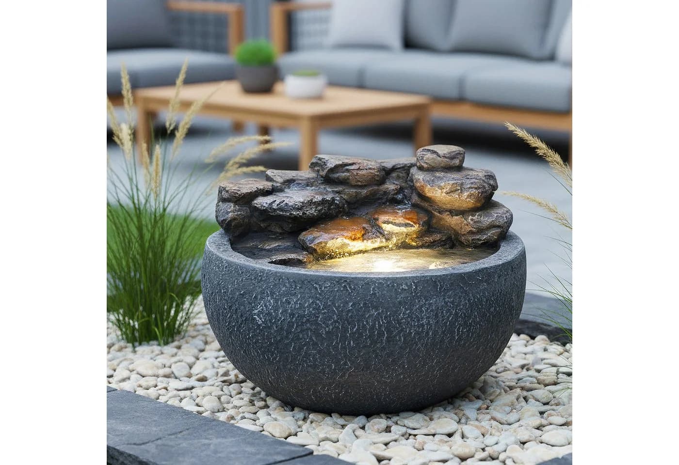 Arnusa Gartenbrunnen mit LED-Beleuchtung Steinoptik Grau - Bild 3