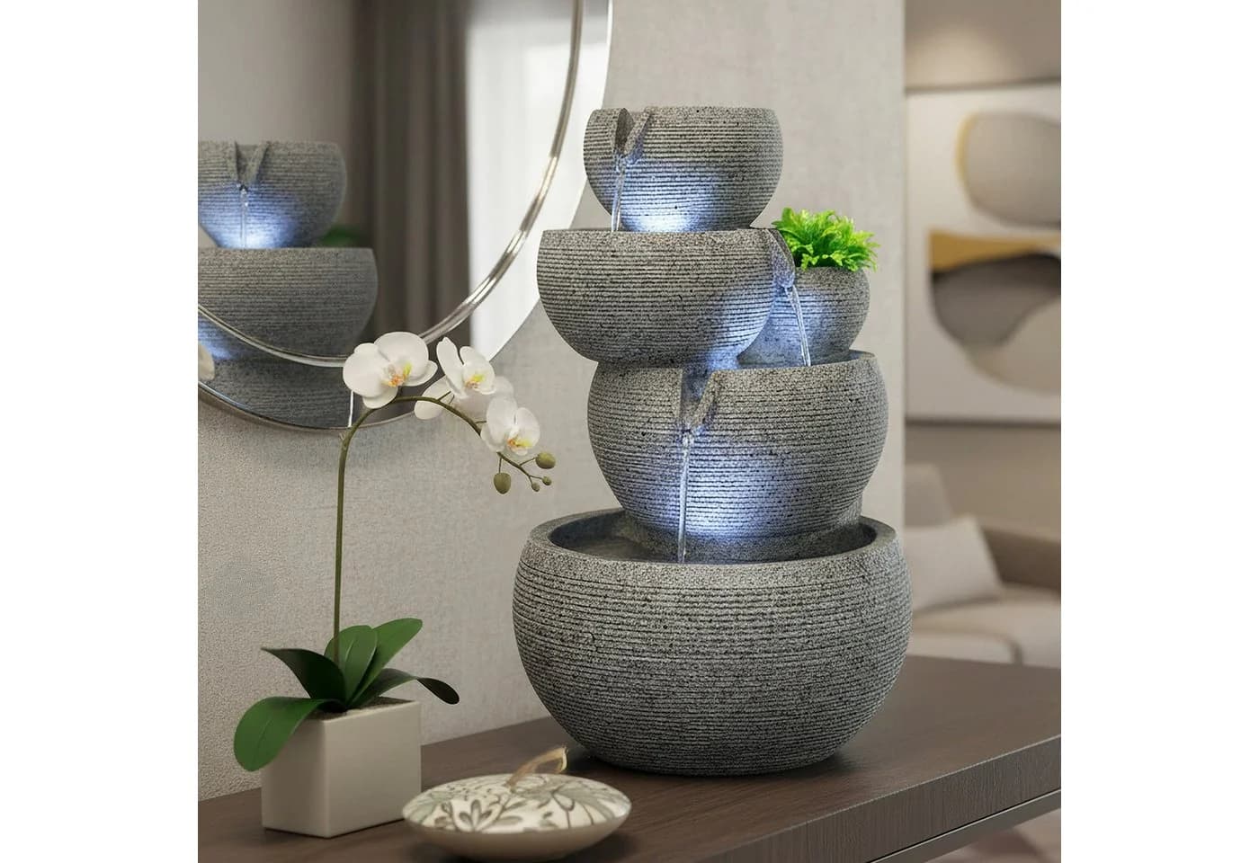 Arnusa Zimmerbrunnen mit LED-Beleuchtung Grau Granit-Optik - Bild 1