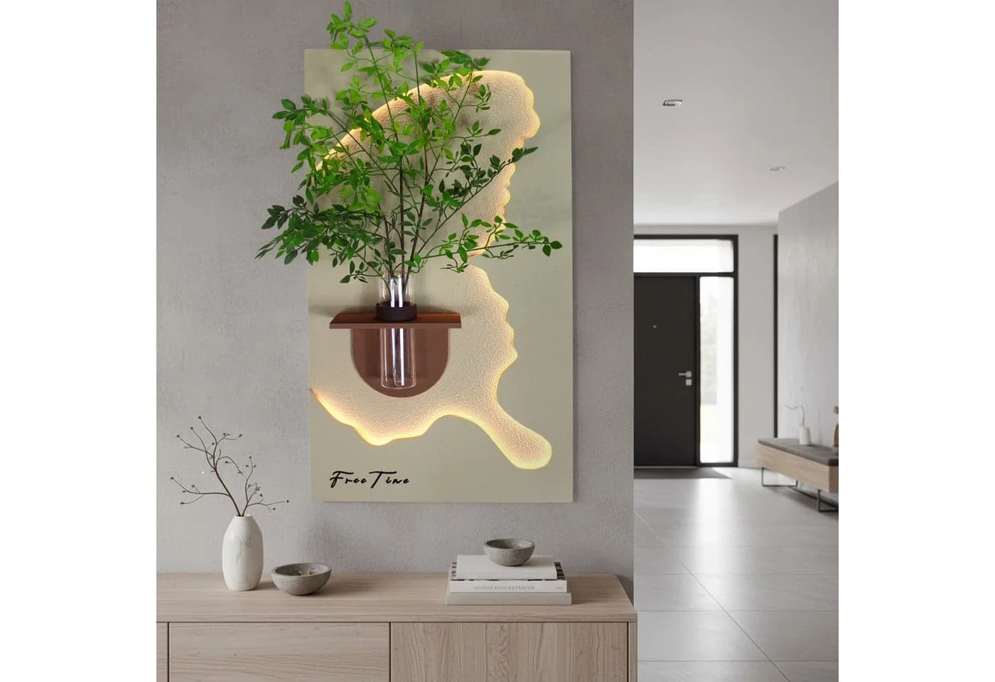 Arnusa LED-Bild 3D Wandbild mit LED-Beleuchtung & Glasvase, Baum, Wanddeko